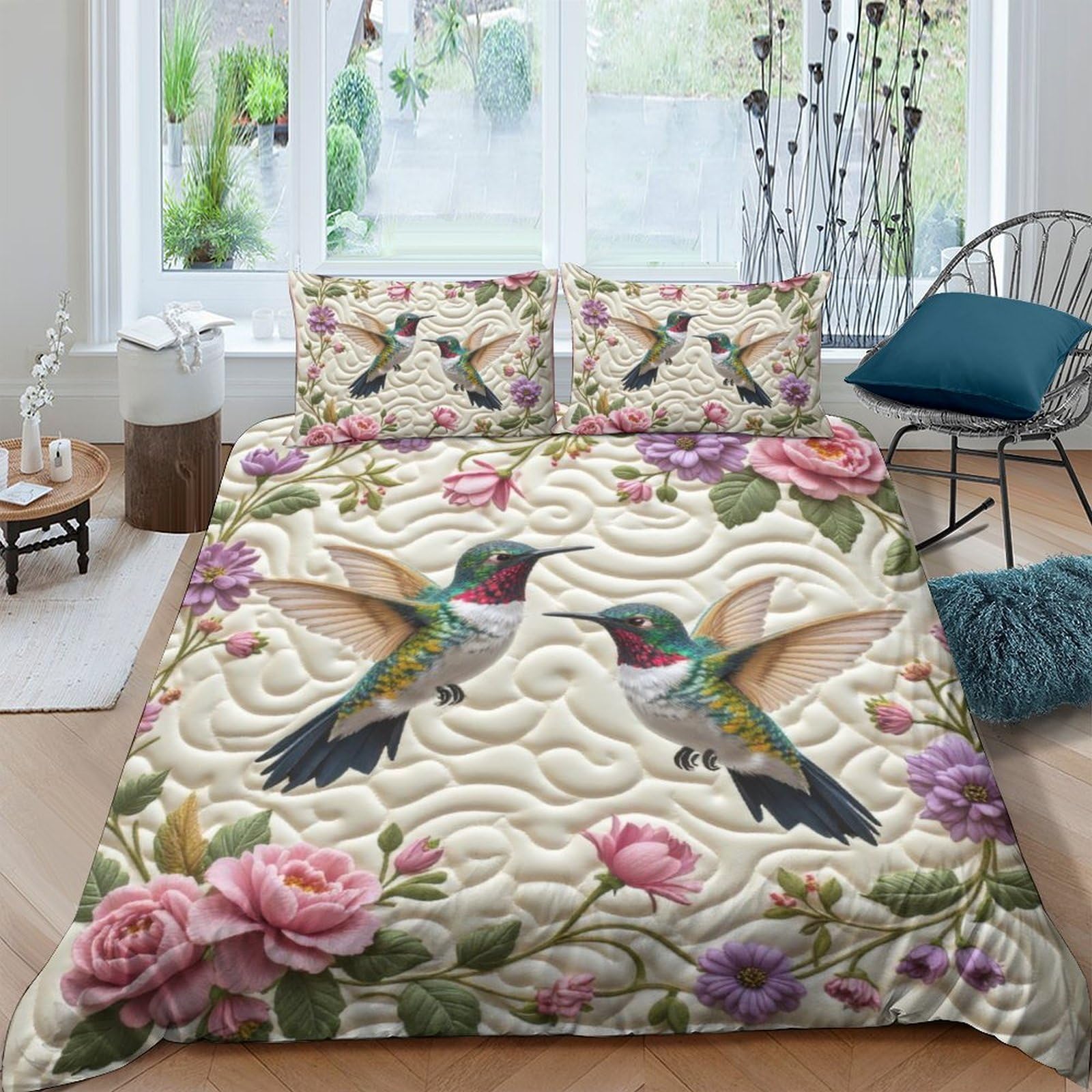 Housse de couette colibri 3D microfibre 200x200cm avec fermeture invisible pour lit deux personnes