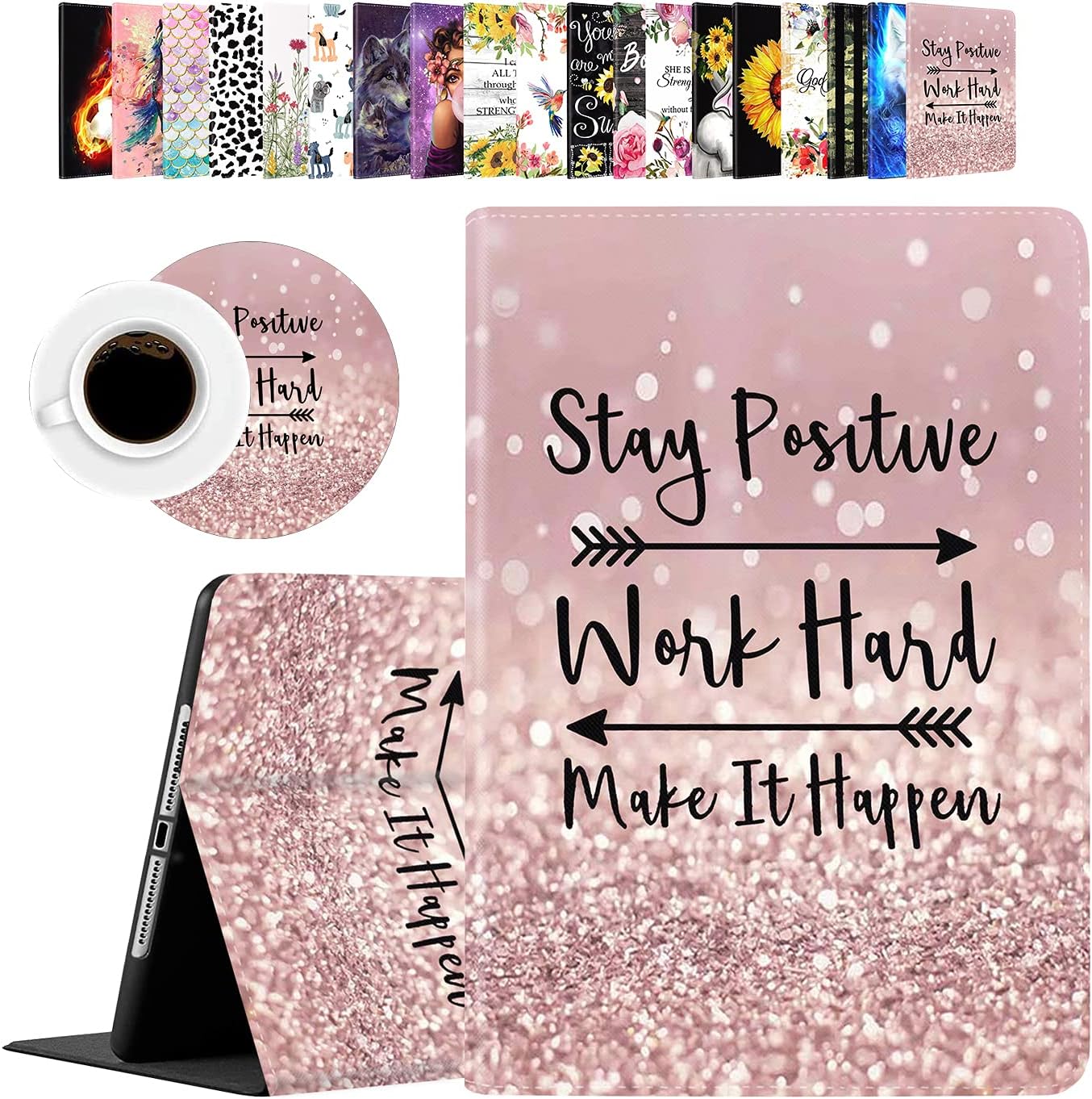 Case for iPad 10.2 8th Gen 2020 7th Gen 2019 iPad Air 10.5 2019 iPad Pro 10.5 with Coasters Set Stay Positive Work Hard and Make It Happen Rose Gold Rainbow Glitter