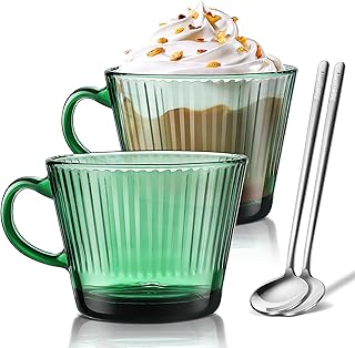 Joeyan 400ml Tazas de Cafe Grandes de Vidrio, Juego de 2 Verde Vasos Cafe Cristal con asa y Cuchara, Vasos Acanalados para Capuchino,Espresso,Leche,té, Cereales, Helado, Yogur,Apto para lavavajillas