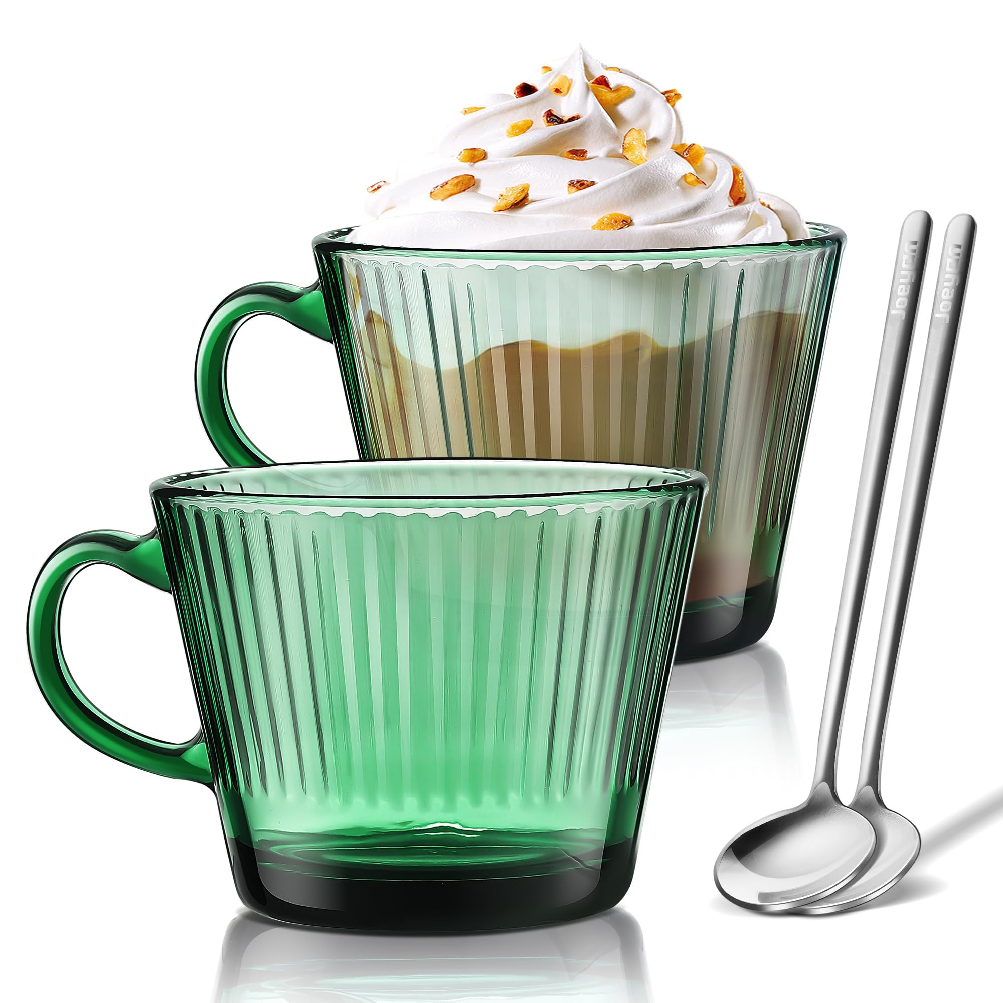 Joeyan 400ml Tazze da Caffè in Vetro,Set di 2 Verde Tazza con cucchiaino,Bicchieri a Coste per espresso Demitasse, Cappuccino Latte Tè,Latte, Cereali, Gelato, Yogurt, Lavabili in Lavastoviglie