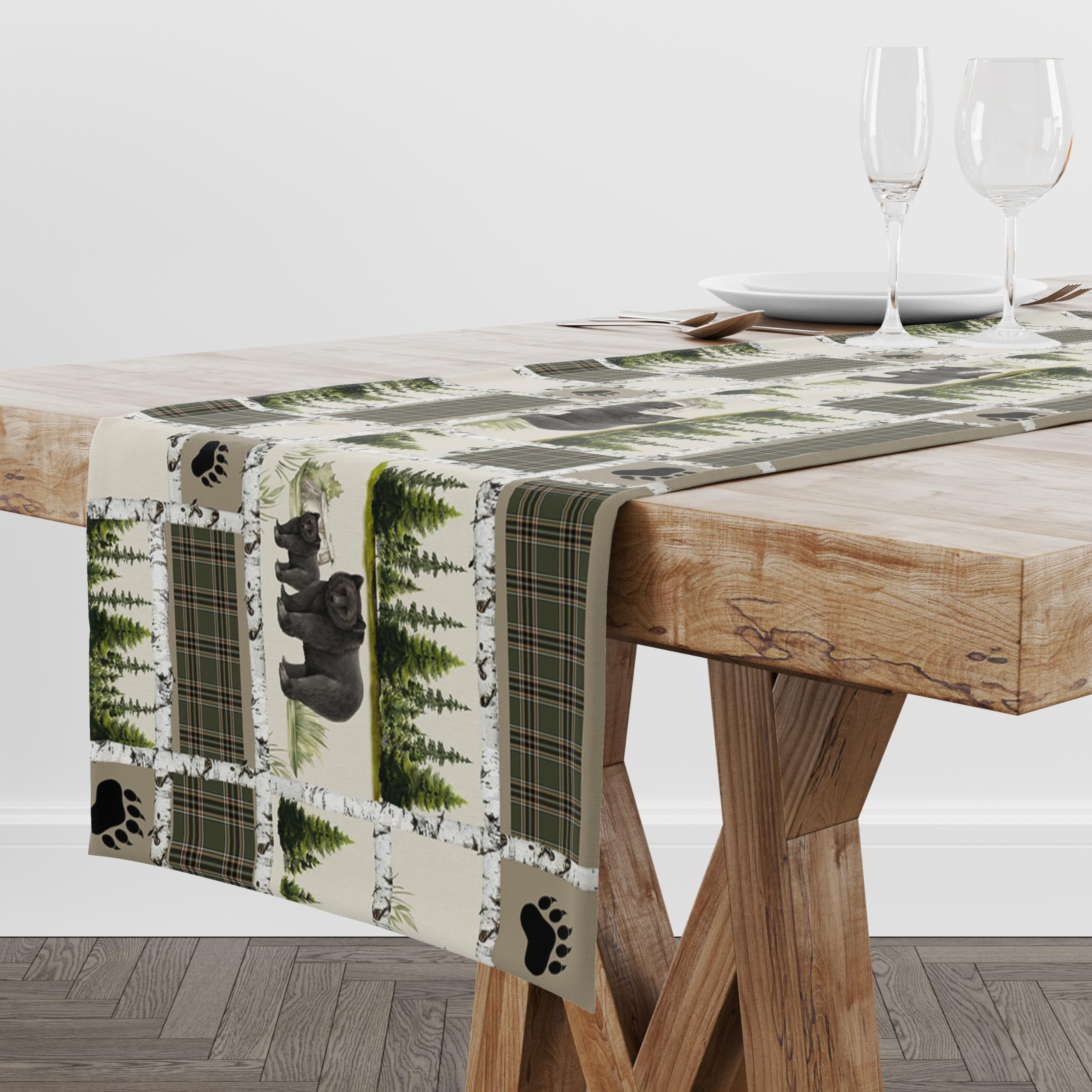 Country Lodge Bear Deer Table Runner, Retro Vintage Bear Cottage Country Style Cabin Farmhouse Dinner Runner for Home Kitchen Dining Table Decoration,