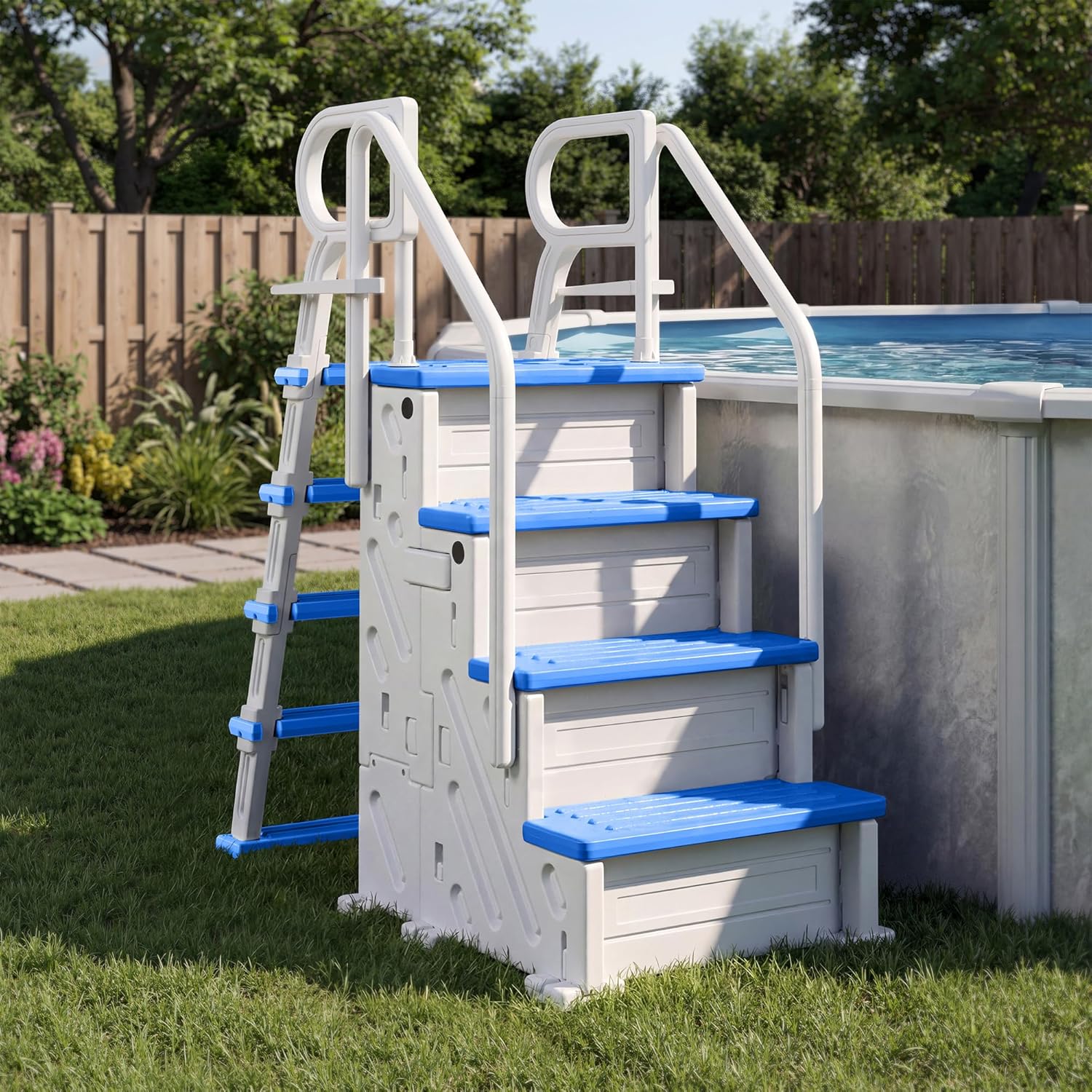 Pool Ladder Above Ground, Heavy Duty 4Step Pool Ladder with Dual Handrails and Nonslip Steps, 500 LBS Load Capacity, for 46-58 Inch (WH/BU, Double Side)