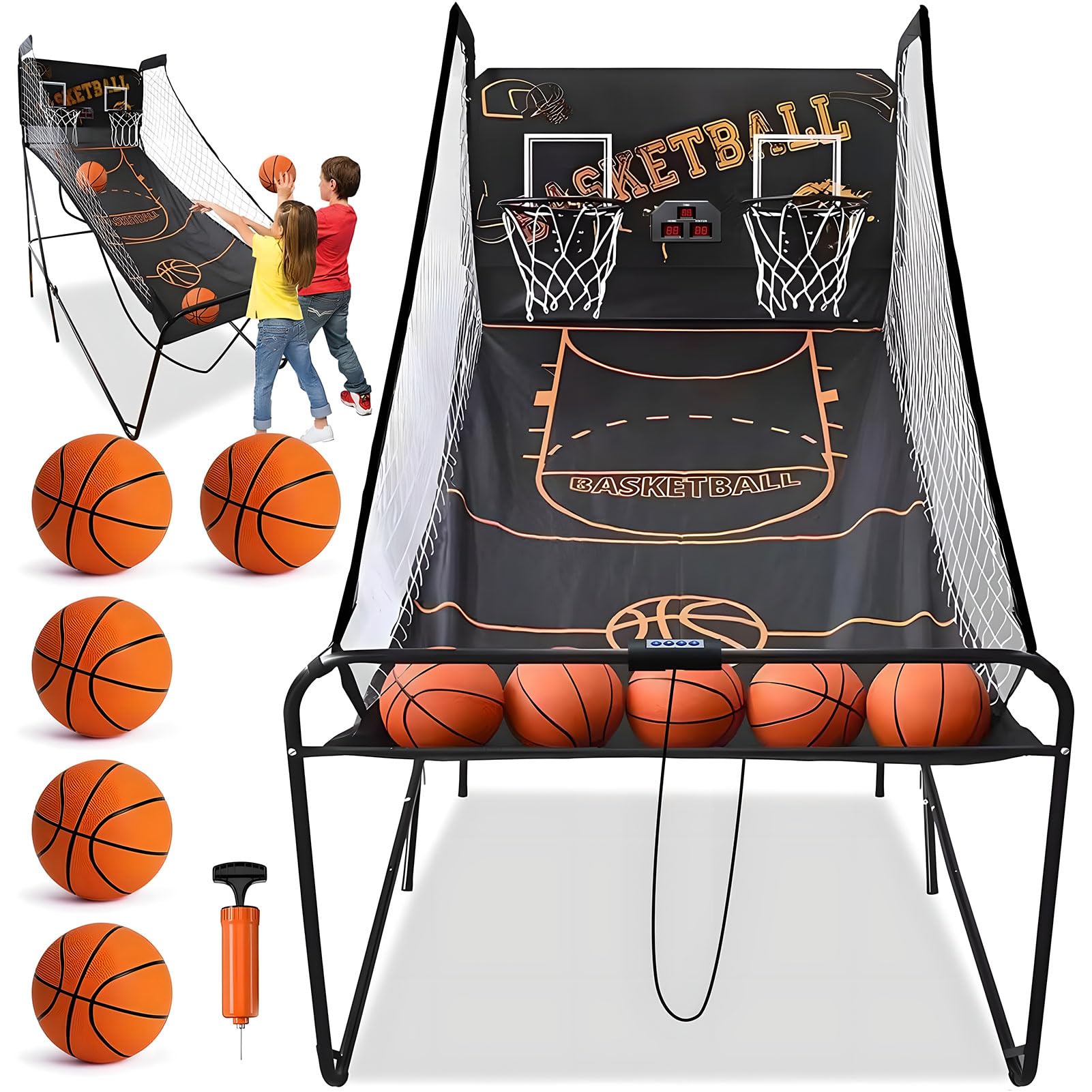 Gioco Arcade di Basket di punteggio elettronico Pieghevole, Doppia Macchina da tiro a Basket con 8 modalità di Gioco, 5 Palle e tabellone da Segnalazione LCD, per l'allenamento Bambini Adulti
