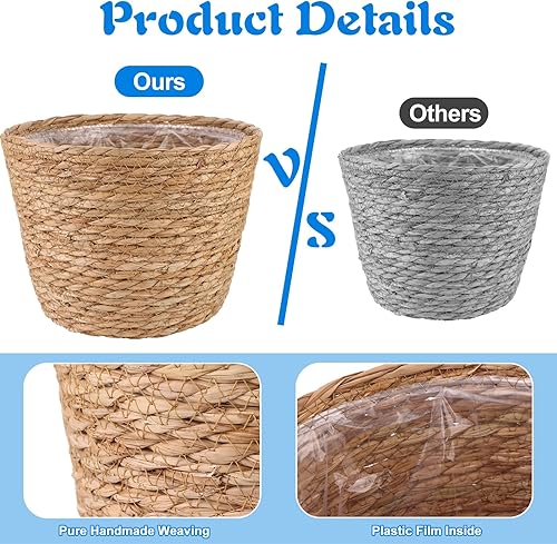 Miniatura 4 de 4 cestas grandes de hierba marina de alta calidad con forro de plástico, cestas naturales elegantes para plantas de interior y exterior, cestas de