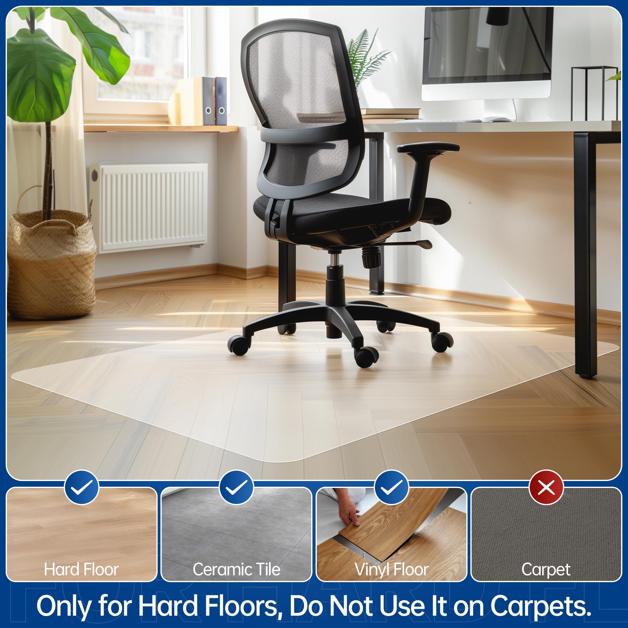 Delamu Office Chair Mat For Hardwood Floors – 45x53 Inch Non-Slip PVC Woven Mat, Heavy Duty Floor Protector For Rolling Chairs (Light Gray, Not For Carpet)