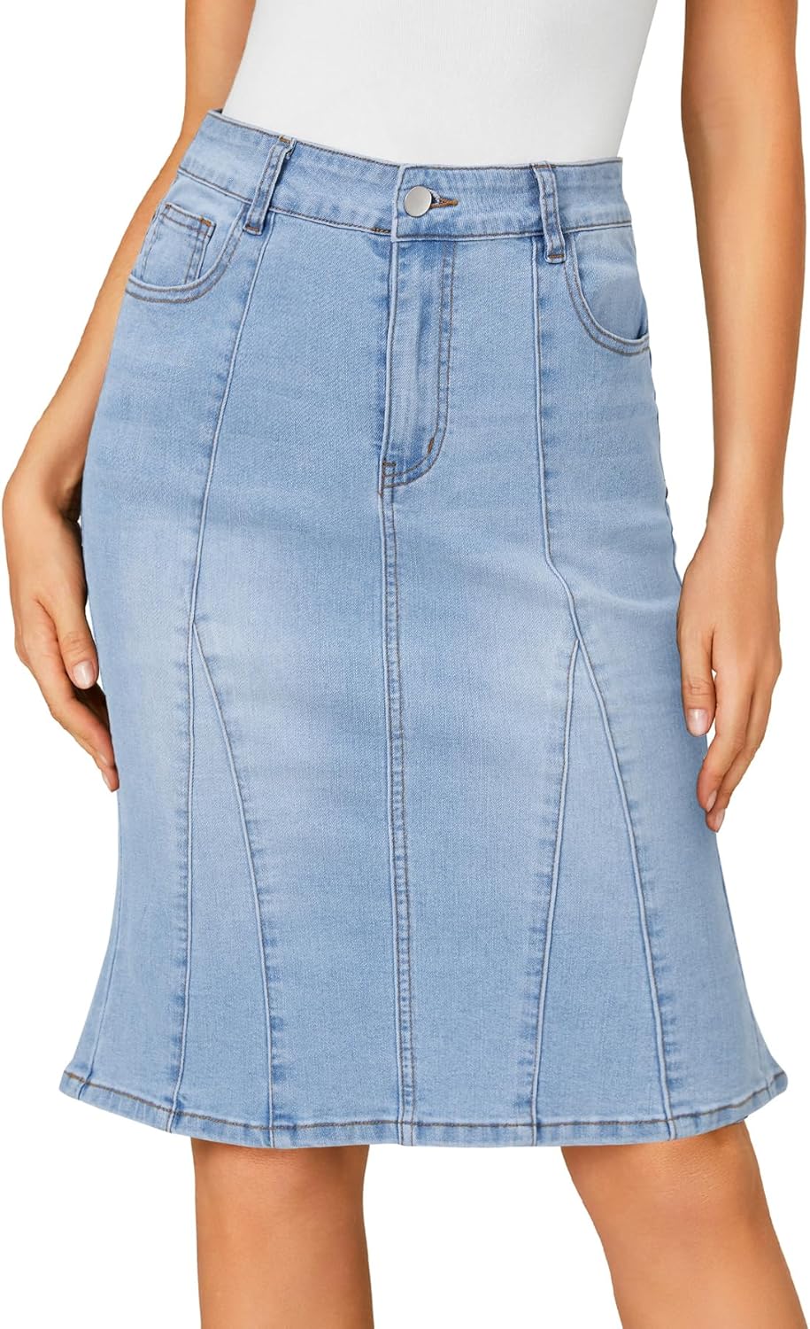 LYANER Women's Denim High Waisted Knee Length Pencil Mermaid Stretch Jean Skirt