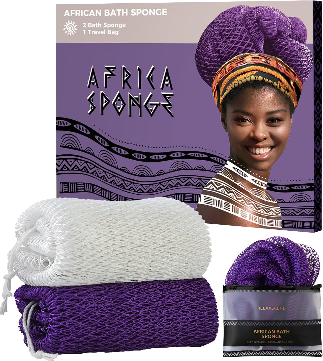 African Net Sponge Authentic - 2 Pieces Exfoliating Body Scrubber Bath Sponge - Back Scrubber Washcloth for Shower White&Purple - Real African Scrub Exfoliator Body Care Bathing Accessorie