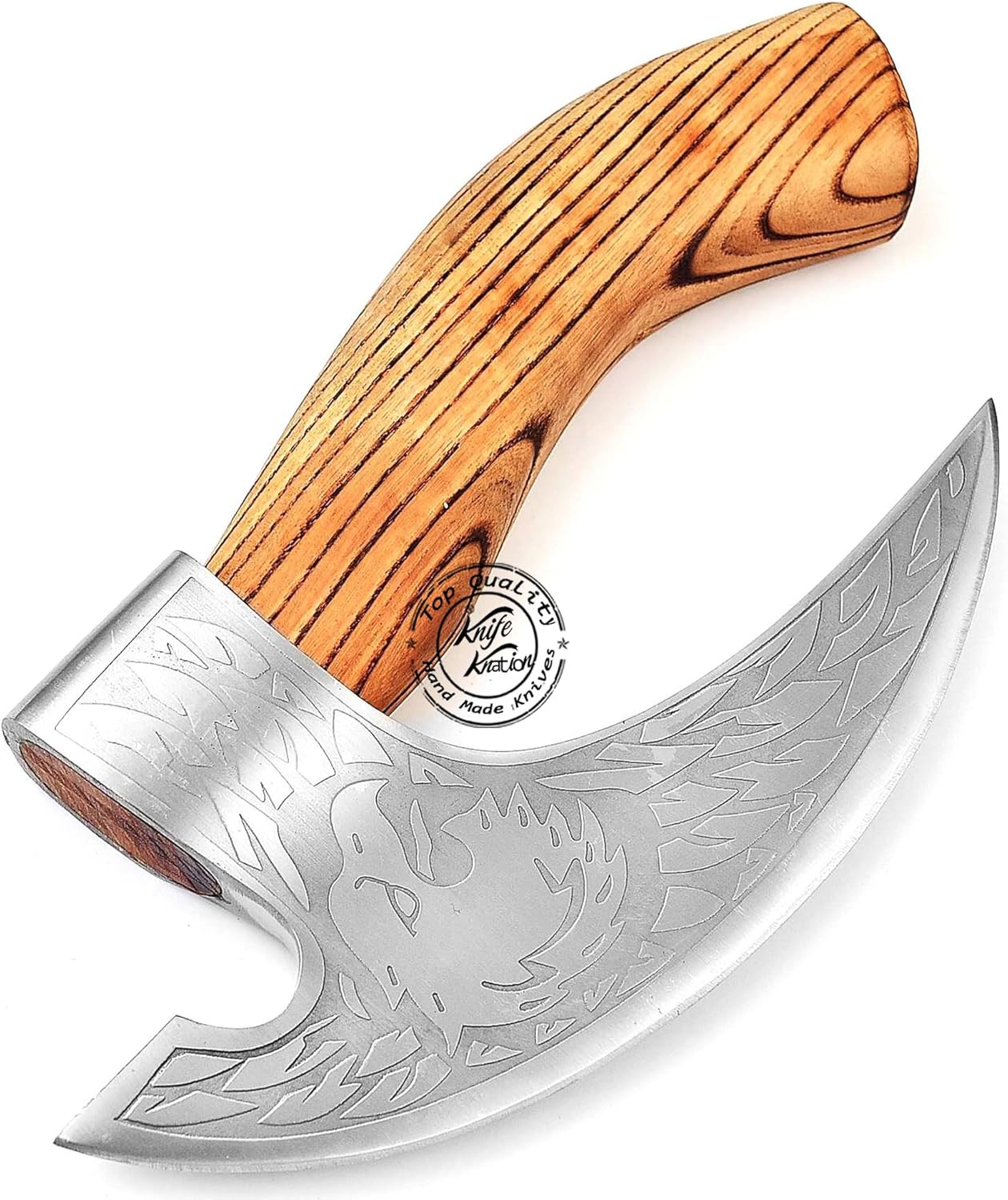 Handmade Viking Pizza Cutter with Ash wood Handle - Super Sharp Carbon Steel Axe Blade - Small Kitchen Knife with Leather Sheath - Gift for Pizza Lovers - 856