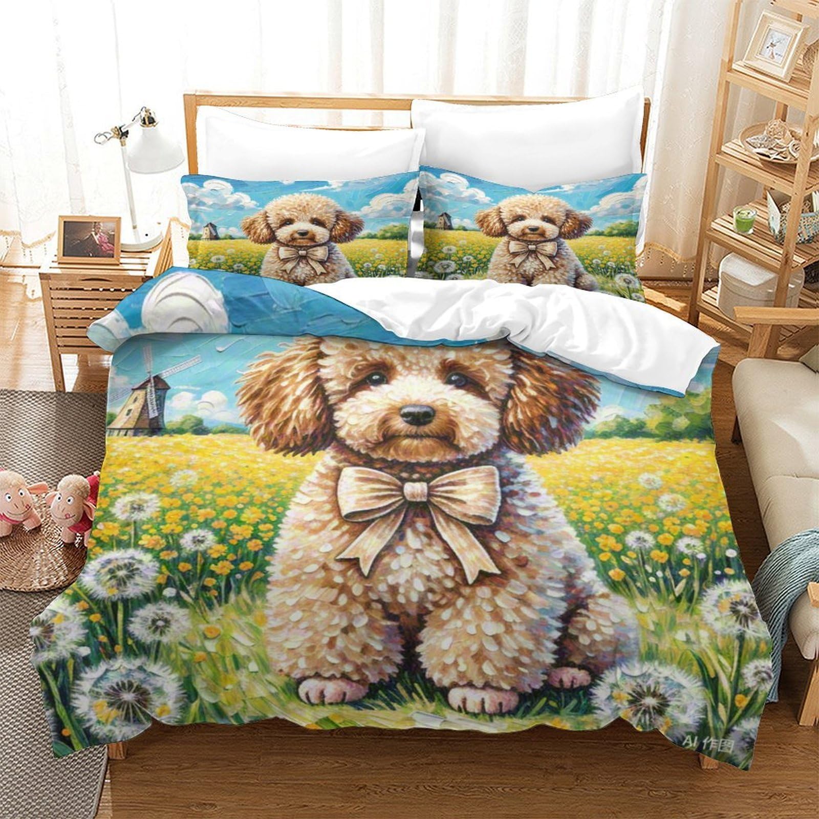 Parure de lit Bichon Frisé 3D haut de gamme en microfibre Super King 260x220