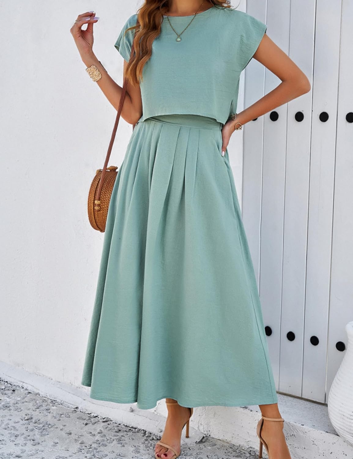 Mingzhu Womens 2 Piece Outfits Skirt Set Summer Casual Cap Sleeve Crop Tops Maxi Dress Sets with Pockets - Image 3