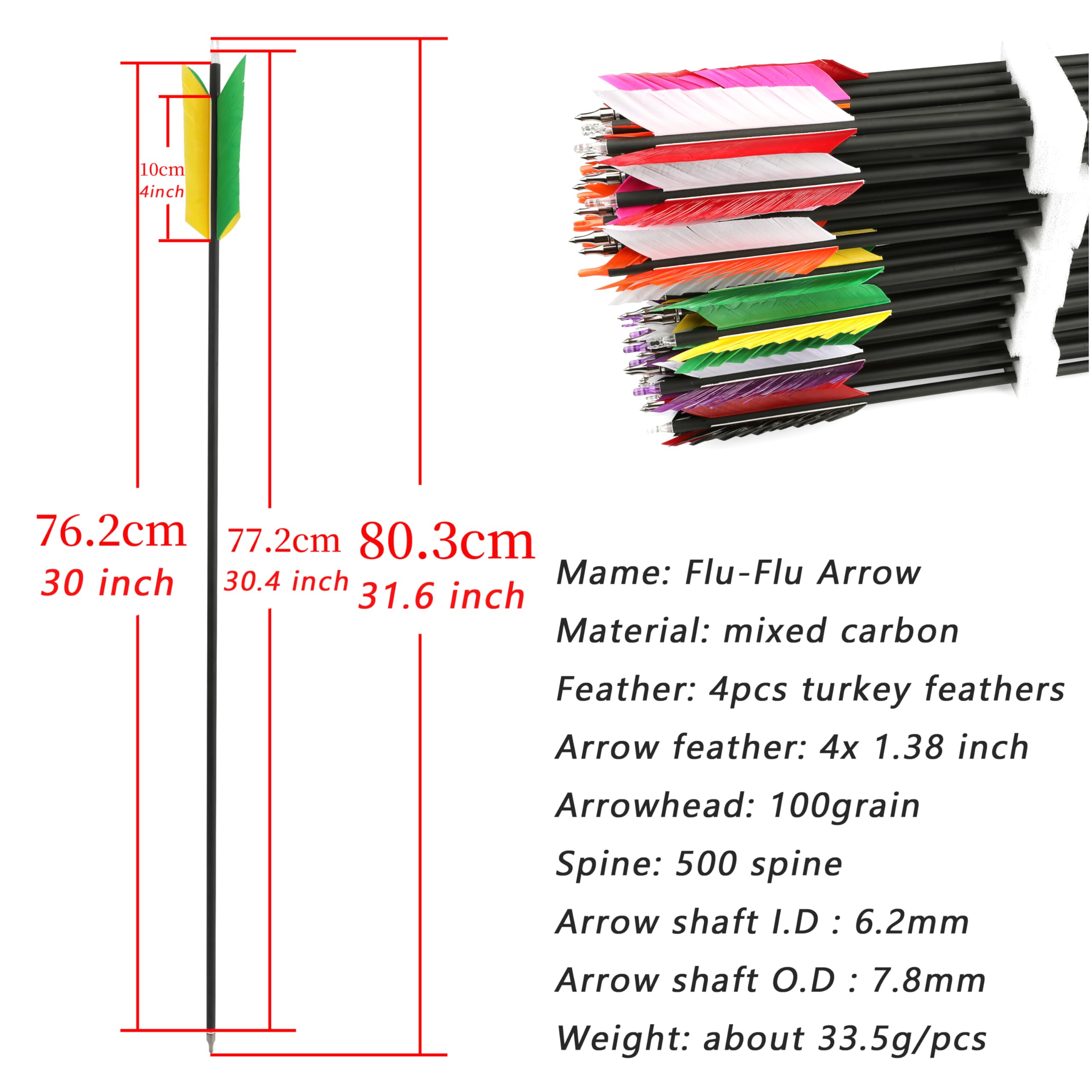 30 pollici freccia di carbonio Arco Flu-Flu Freccia 500 Spine Caccia Targeting Freccia per arco composto Arco ricurvo 6/12pcs