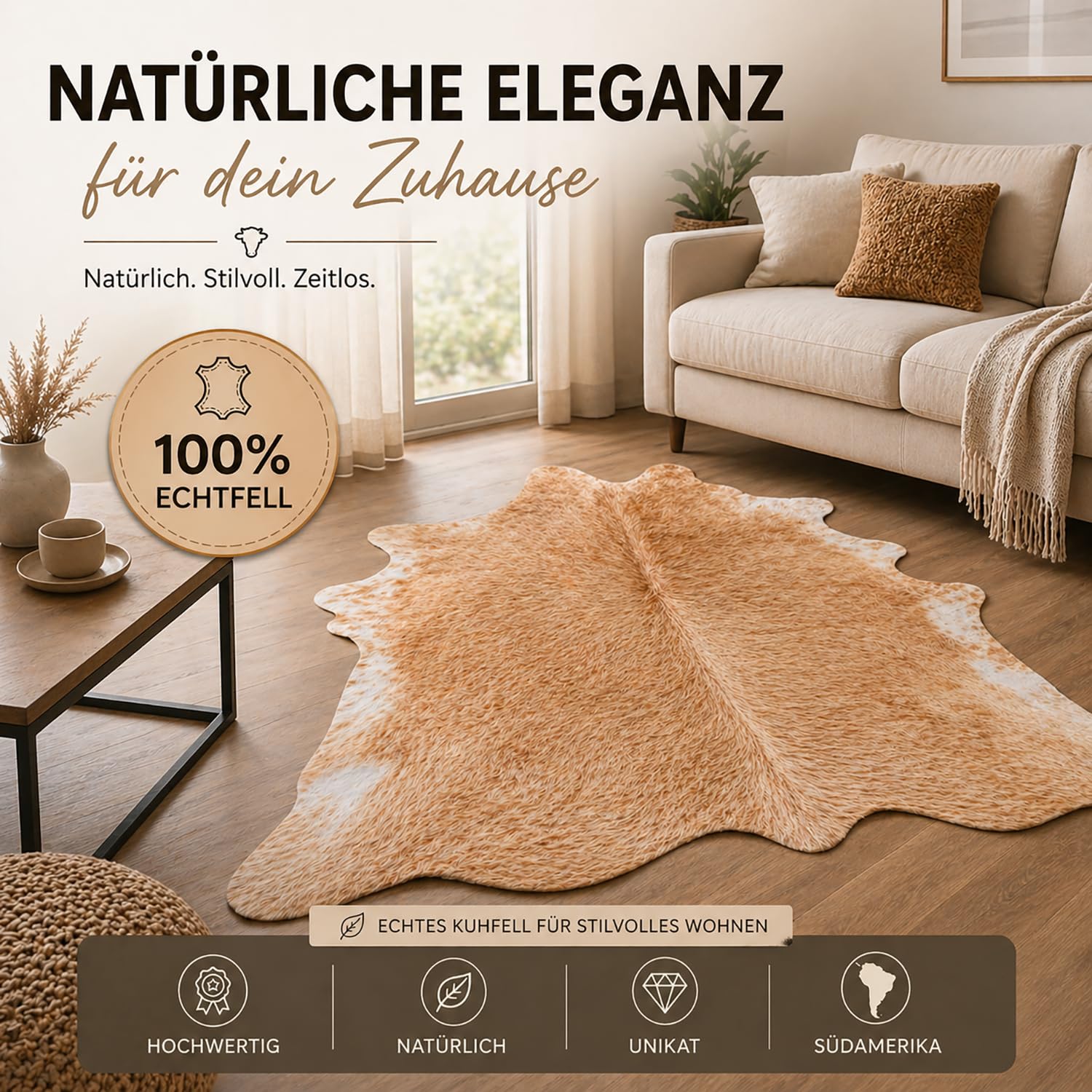 Tapis en Peau de Vache de qualité supérieure - Beige - Produit Naturel Unique en provenance d'Amérique du Sud - Peau de Vache véritable