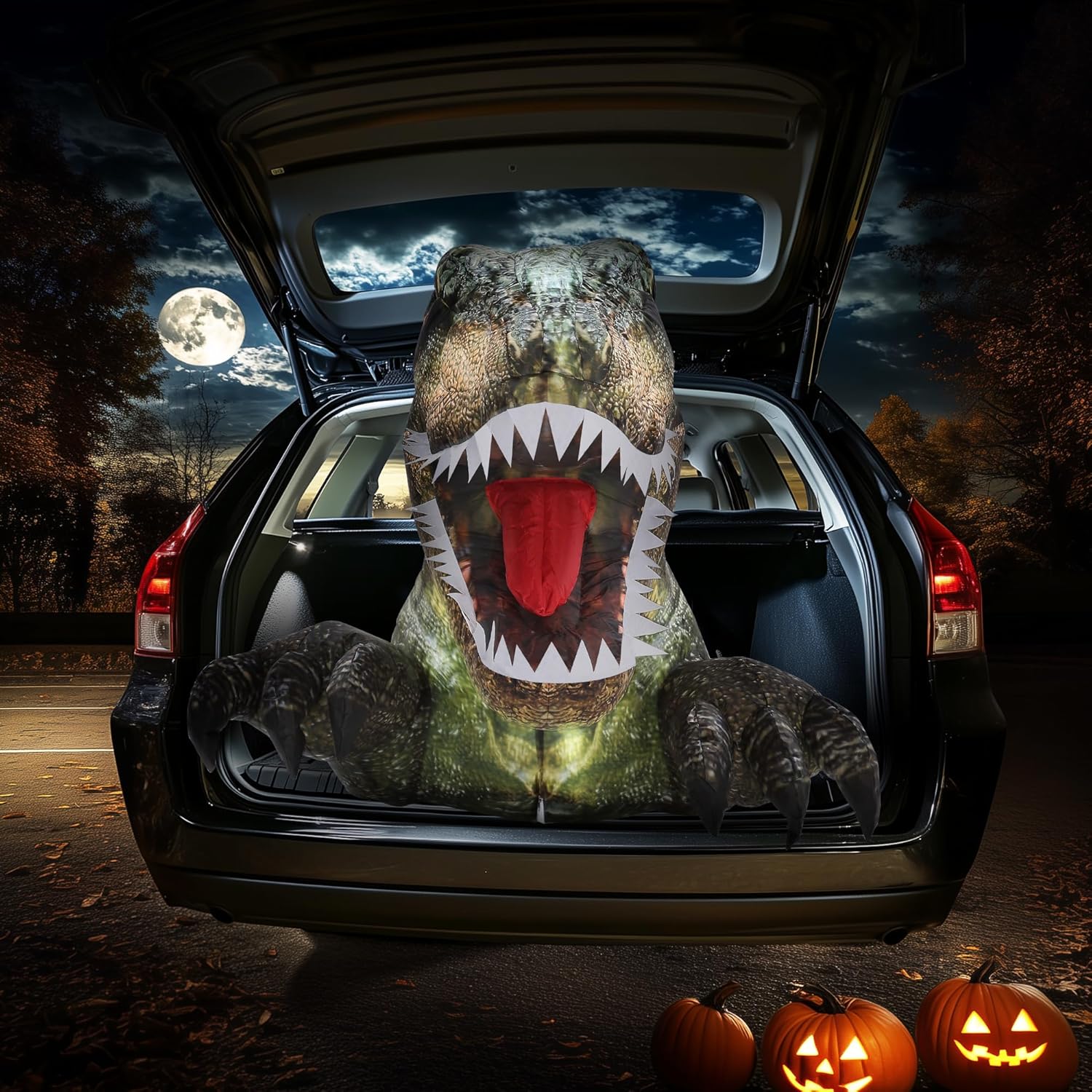 ZPISF 3.6 FT Halloween Inflatables Outdoor Decorations, Trunk or Treat Car Decorations, Blow Ups Animated Dinosaur with LEDs for Halloween Decor
