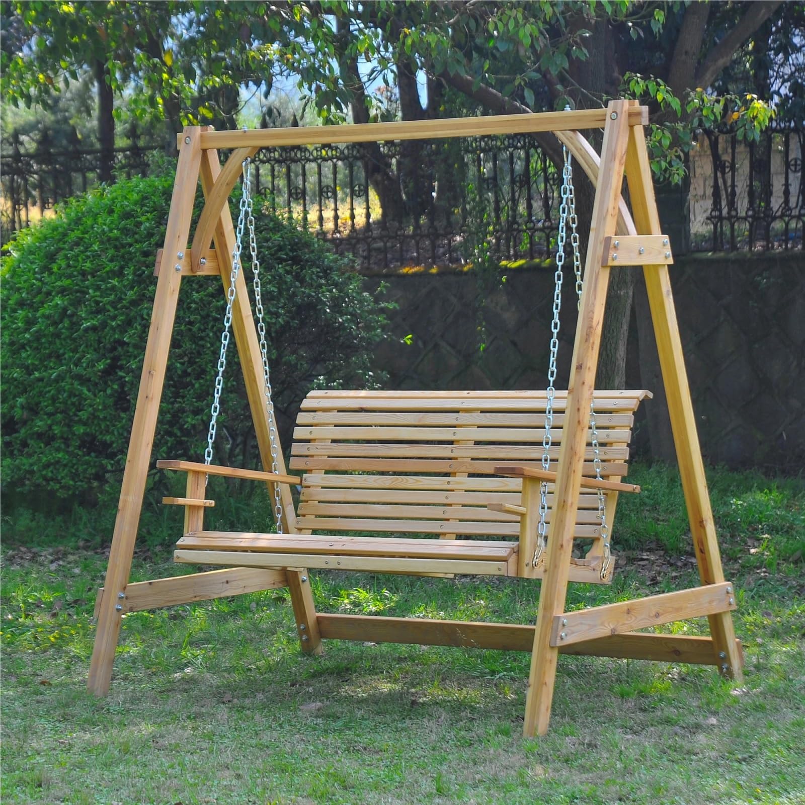 Altalena Legno Sedile da giardino a 2 posti, panca altalena in legno con portabicchieri for portico esterno, naturale