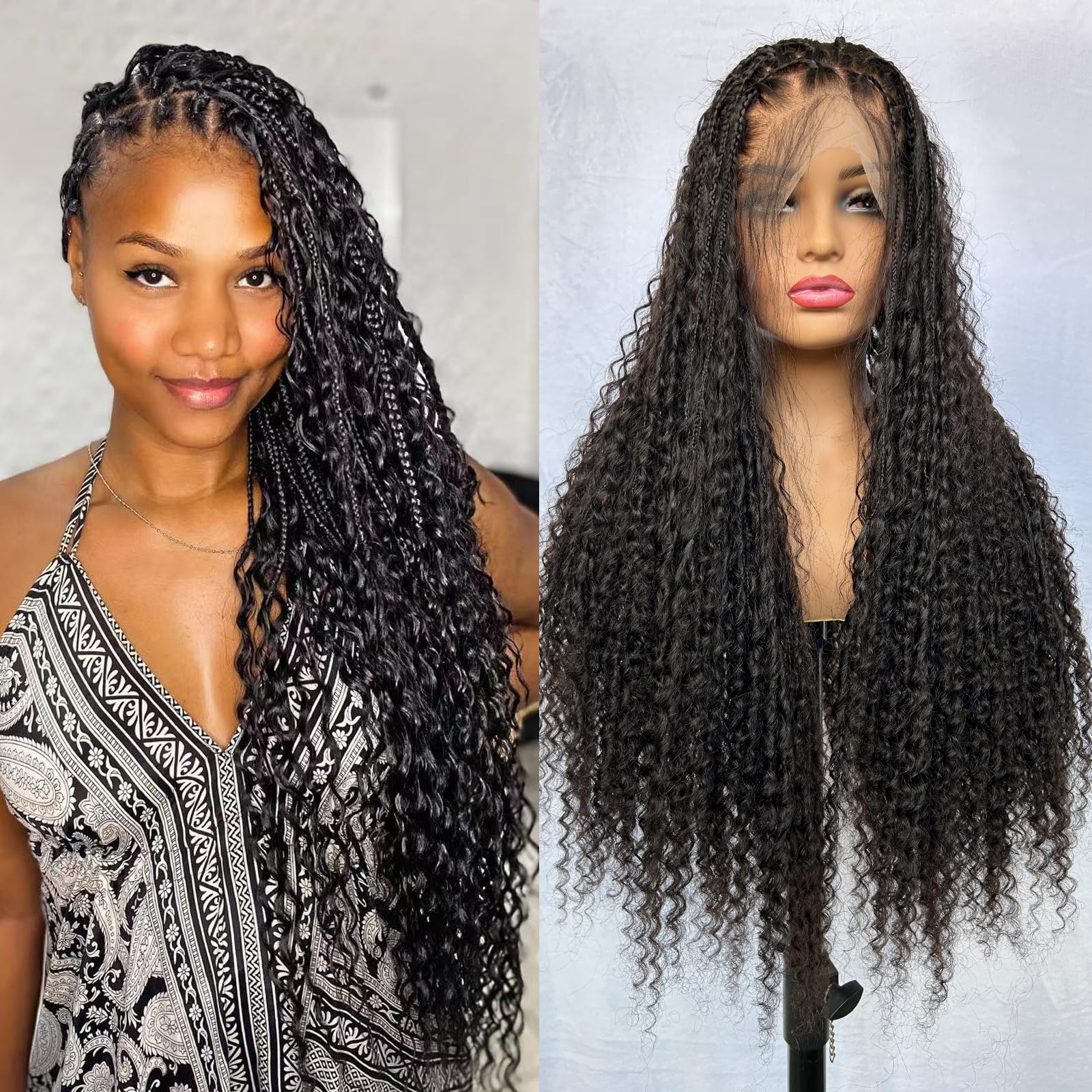 CHARMING YOU Braided Wig Human Hair Full Lace Boho Box Braids Wig Knotless 300Density Pre Plucked With Curly Ends Goddess Glueless Transparen Lace
