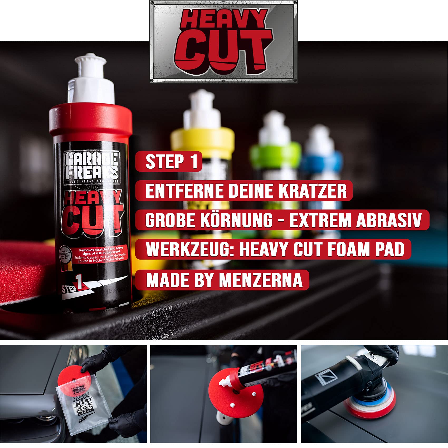 detailmate Set di lucidatrici PLSH H15 + Garder Freaks Made by Menzerna Polituren Heavy Cut Medium Cut Finiture 250ml & Pad 150mm + nastro 3M + panno lucidante – Lucidatura professionale auto e moto