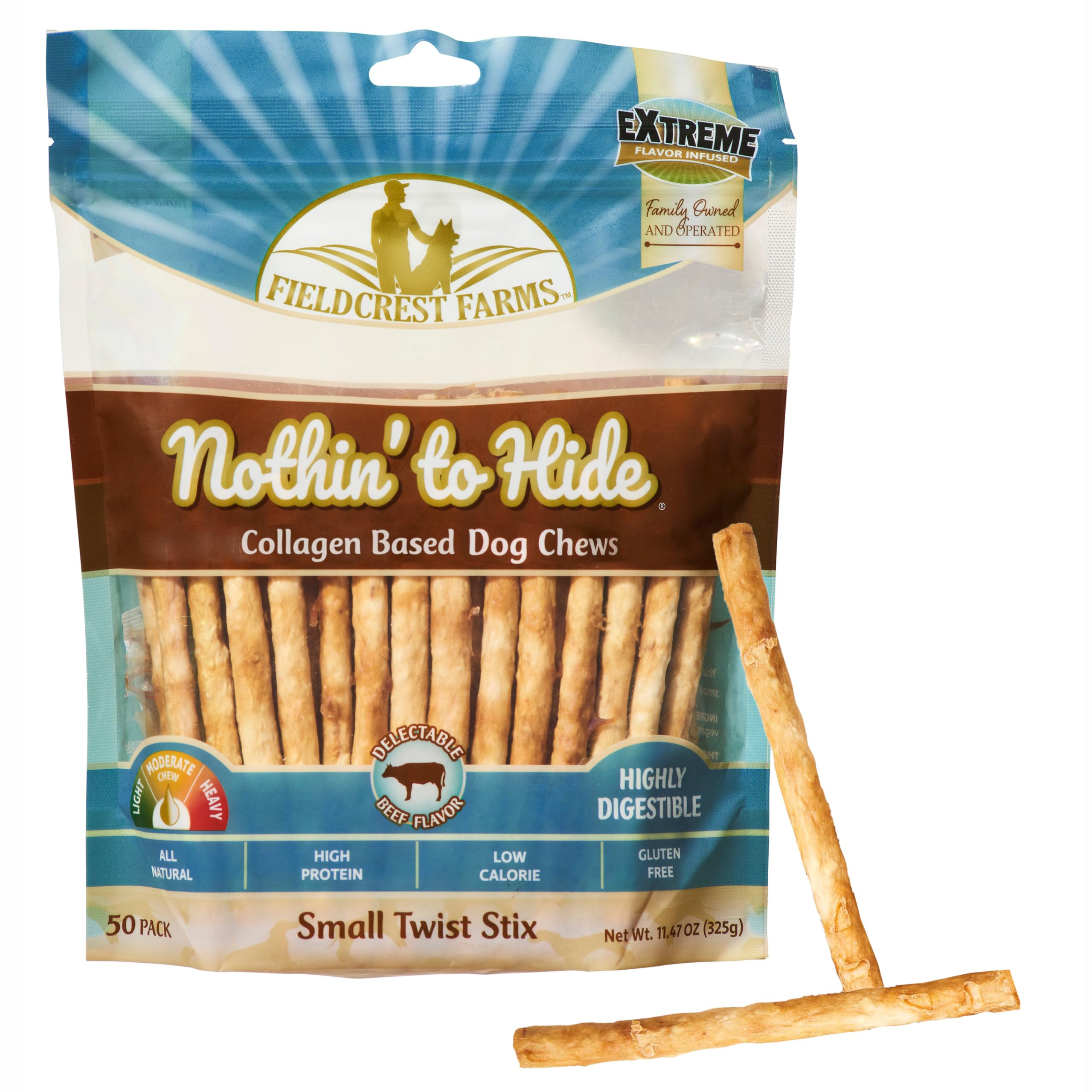 Fieldcrest Farms Nothin' to Hide Twist Stix, Beef Flavor, Easily Digestible, Supports Skin, Coat, Joints & Muscles, for Moderate Chewers Under 15lbs, 50 Pieces