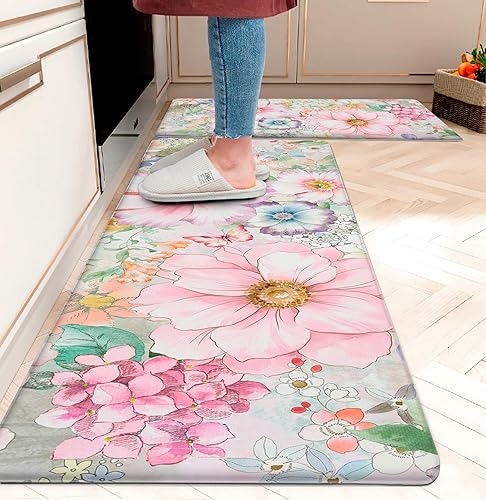 chiinvent Alfombra de cocina floral colorida moderna con flores bohemias, antifatiga, antideslizante, tapete de cocina cómodo de pie, tapete bohemio