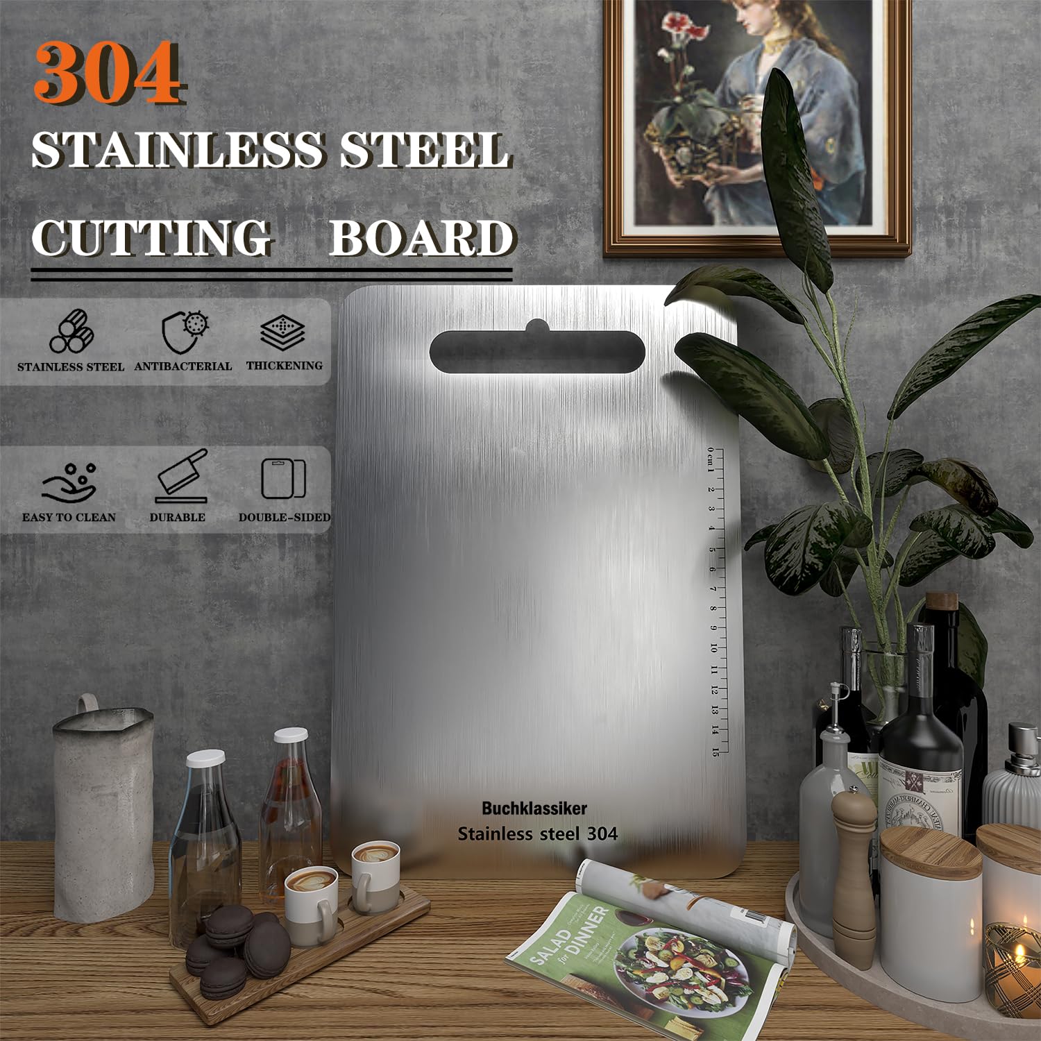 Tabla de corte de acero inoxidable 304, sin BPA, corte de cocina para báscula Tabla de carnicero para carne, queso, servicio pesado, Tabla de Cortar de Acero Inoxidable 304 Grado Alimenticio