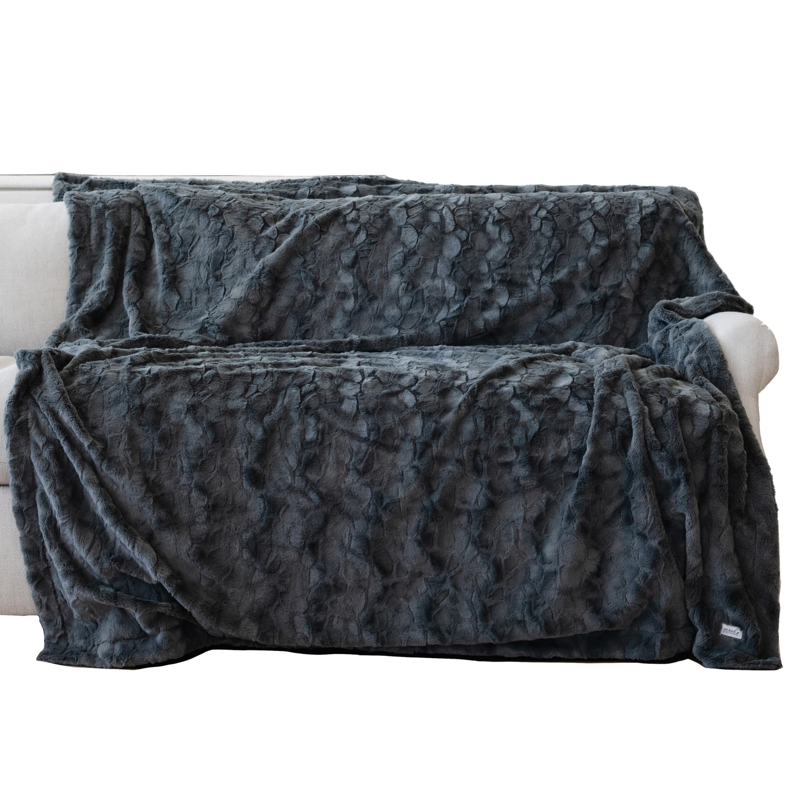GRACED SOFT LUXURIES Charcoal Extra Large Faux Fur Throw Blanket | Ultra Soft & Fluffy 60x80 inches | Cozy, Thick Warm | Perfect for Bed, Couch, and Outdoor Use for Kids & Adults