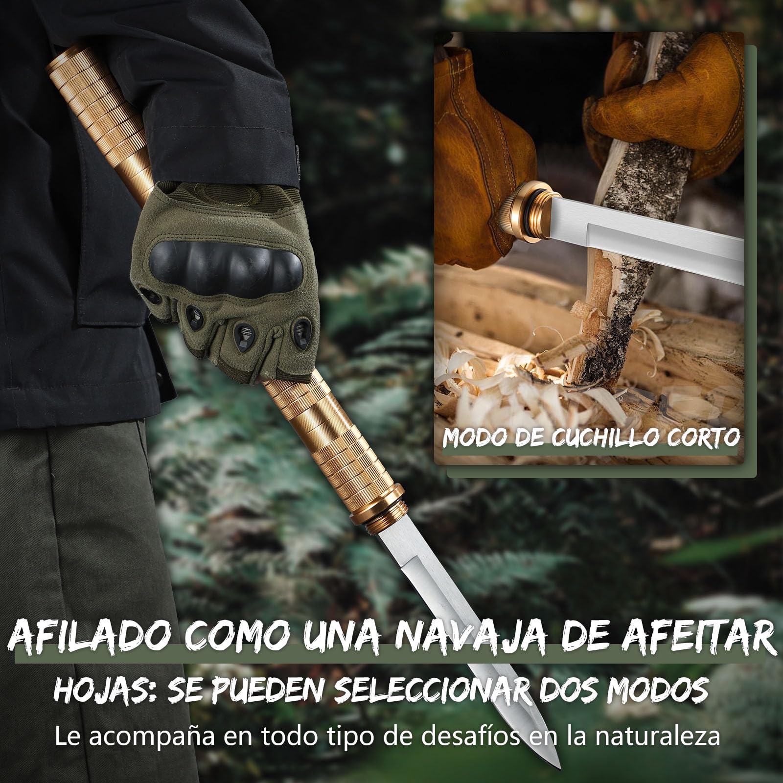 Japaknives Cuchillo de supervivencia exterior 5 en 1 fijo desmontable de acero D2 con silbato rompecristales para camping hombres dorado