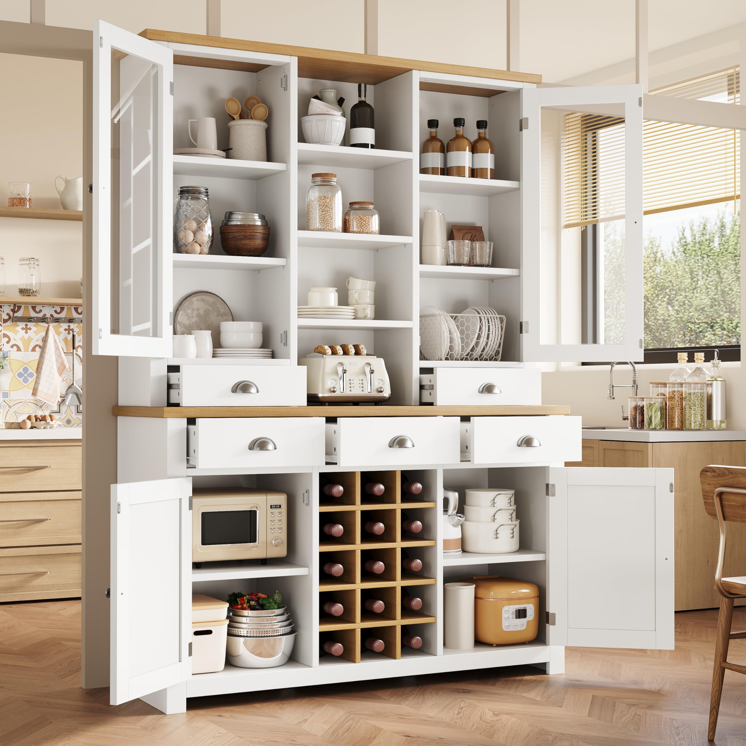SUKY Armario alto multiusos para el hogar con protección antivuelco, armario de pie para cocina y salón con puerta de cristal, asas de metal y función de cierre suave, estante para vino extraíble, 120