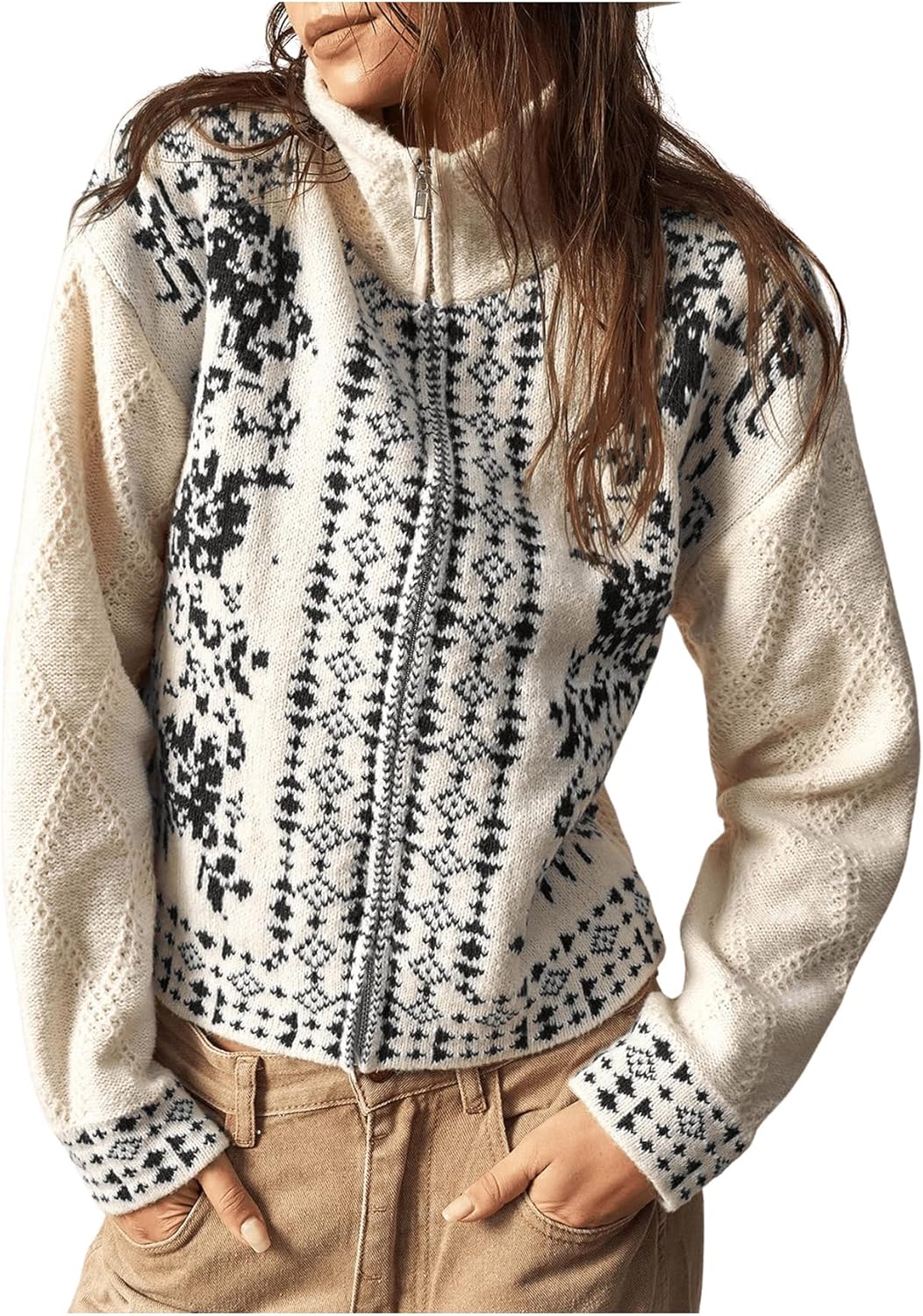 Milumia Women's Zip Cardigan Sweaters Boho Floral Printed Long Sleeve Knitwear Outerwear