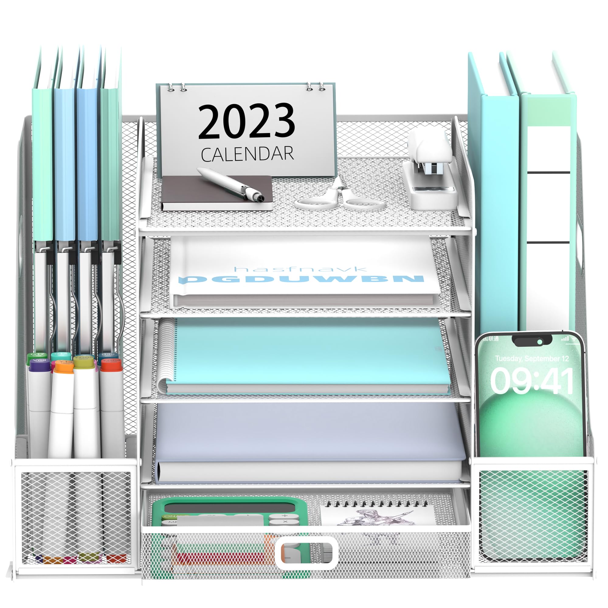 SUPEASY Mesh Desk Organiser with File Holder, 5-Tier Paper Letter Tray Organiser with Magazine Holder, Desktop Organiser and Storage with Drawer for Office Supplies Home or School, White