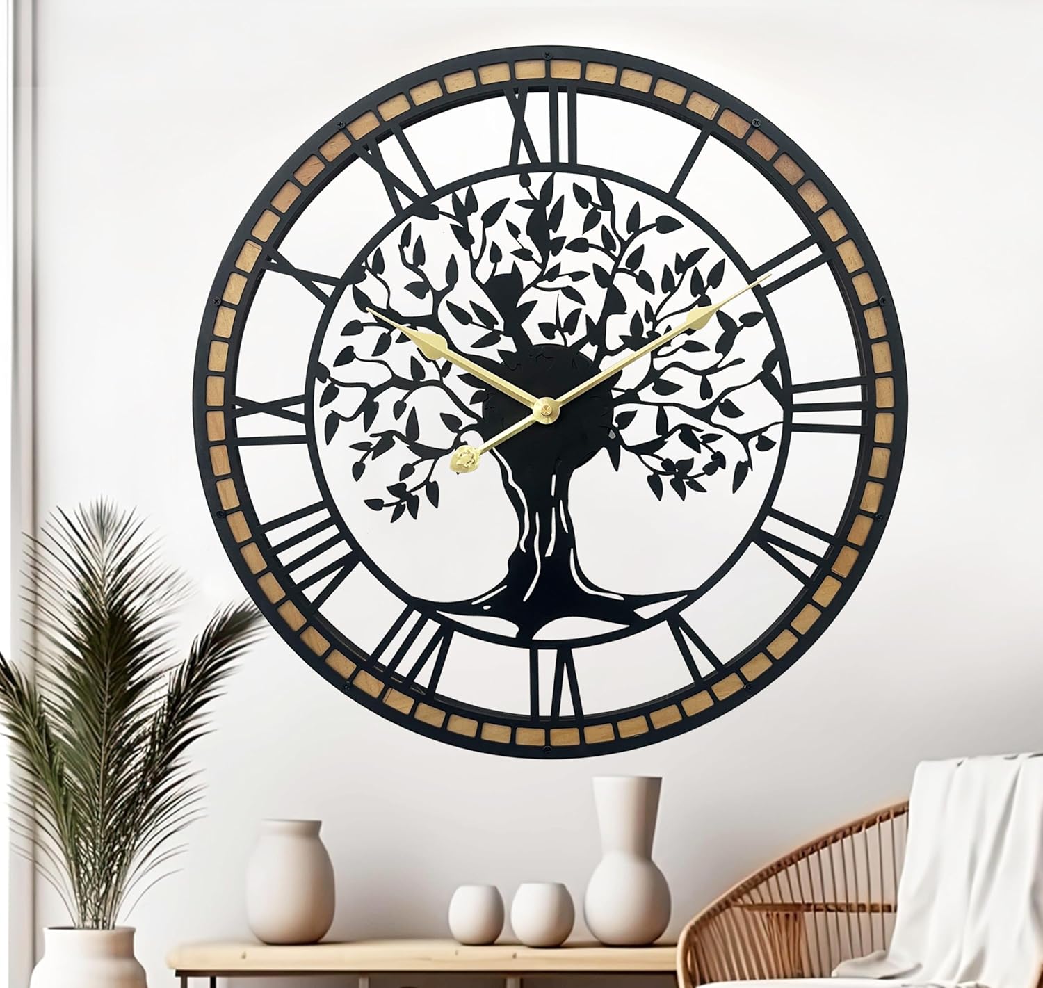 Large Wall Clock for Living Room Decor 24 Inch Tree of Life Metal Wall Art - Oversized Non-Ticking Battery Operated Silent Clock for Kitchen/Bedroom Home Decor