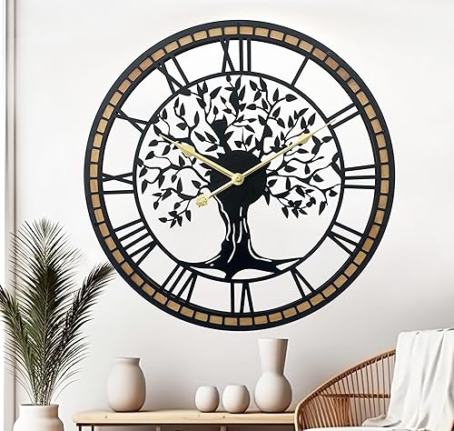 Reloj de pared grande para decoración de sala de estar, árbol de la vida, arte de pared de metal, de gran tamaño, sin tictac, funciona con pilas,