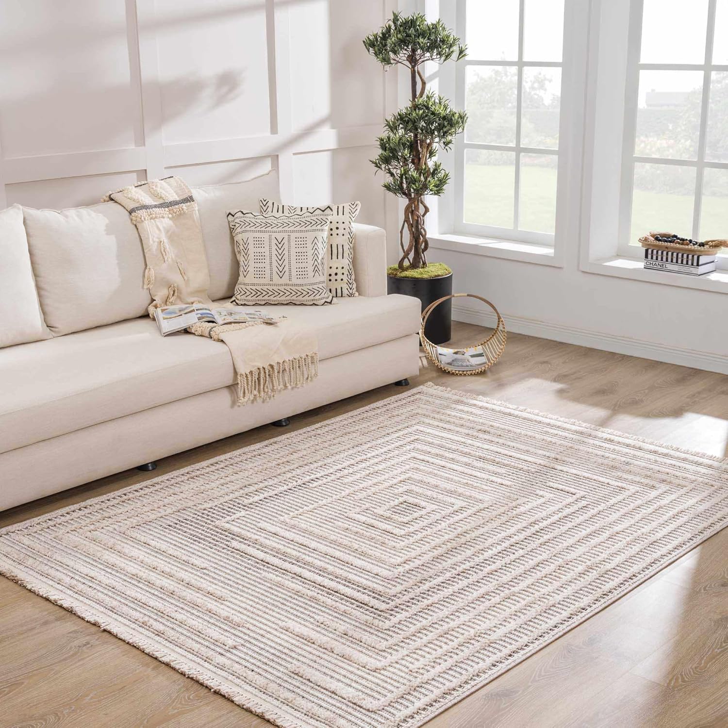 Hauteloom Lunao Farmhouse Living Room Bedroom Moroccan Square Pattern Abstract Area Rug - Soft Shaggy High Low Carpet