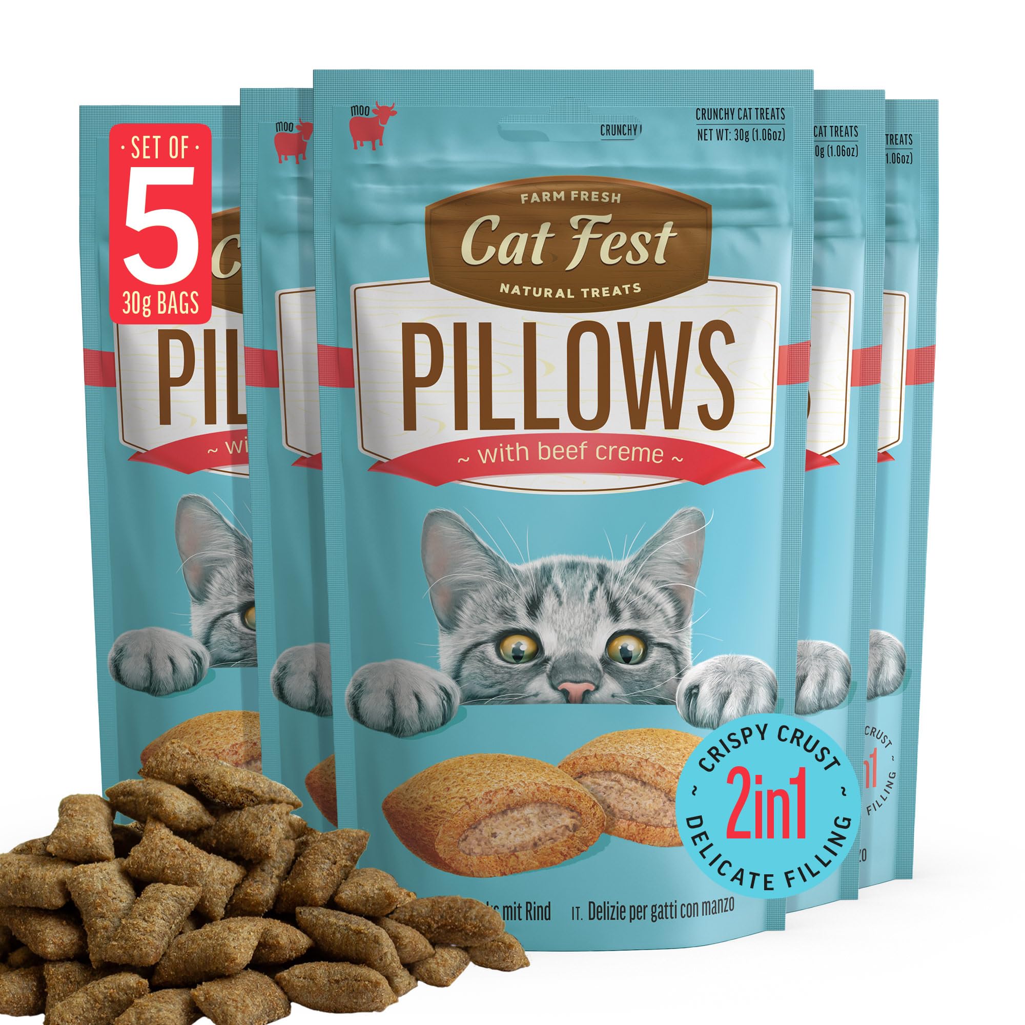 Cat Fest Pillows with Beef Creme - High-Protein Delicious Cat Treats, 30 g (Pack of 5), 234 g (Pack of 1)