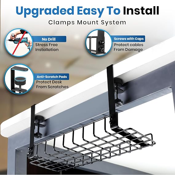 Under Desk Cable Management Tray, 16 No Drill Cord Organizer with Clamps for Wire Management, 4mm Sturdy Wire Desk Cable Organizer Tray, Cable Management Rack for Office