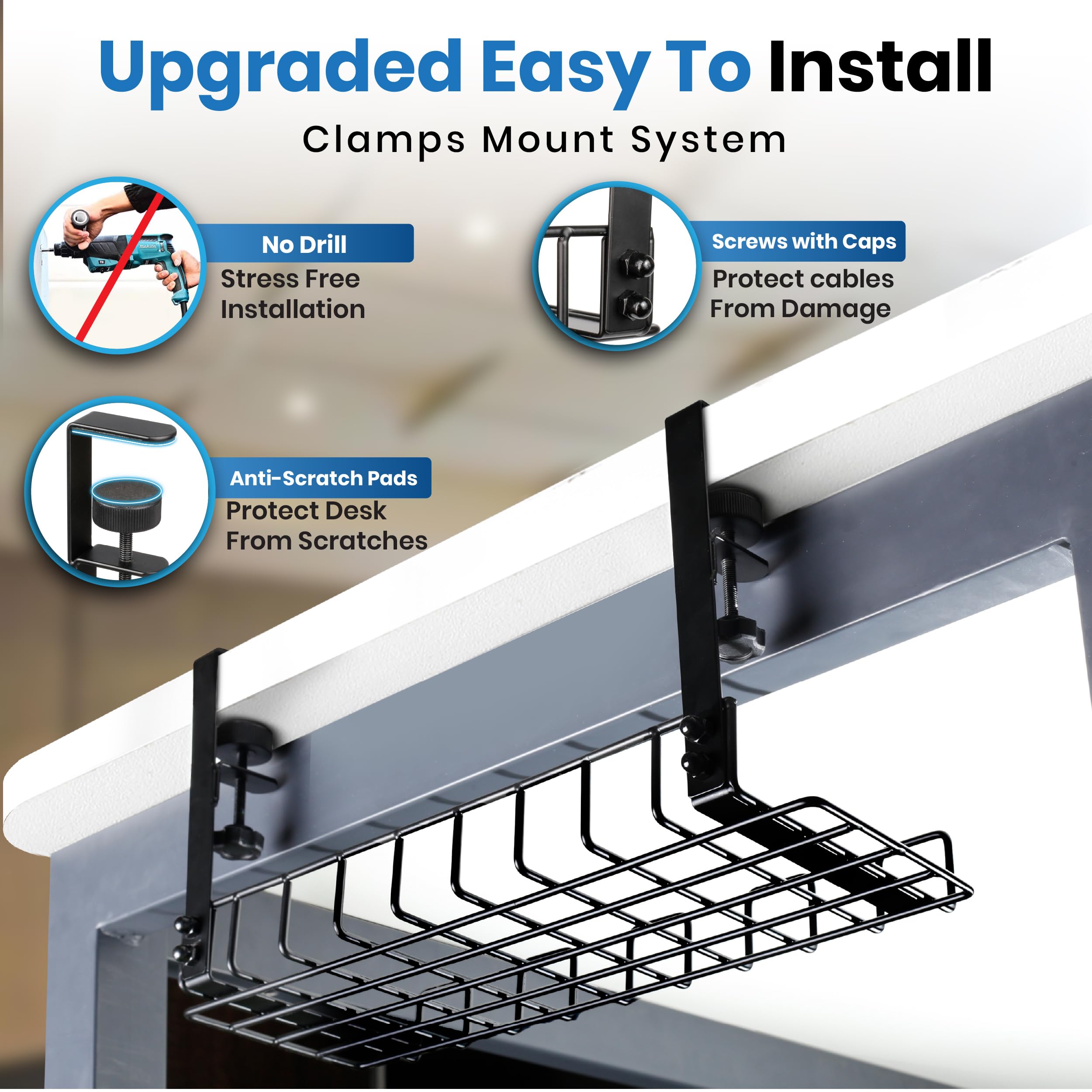 Under Desk Cable Management Tray, 16” No Drill Cord Organizer with Clamps for Wire Management, 4mm Sturdy Wire Desk Cable Organizer Tray, Cable Management Rack for Office