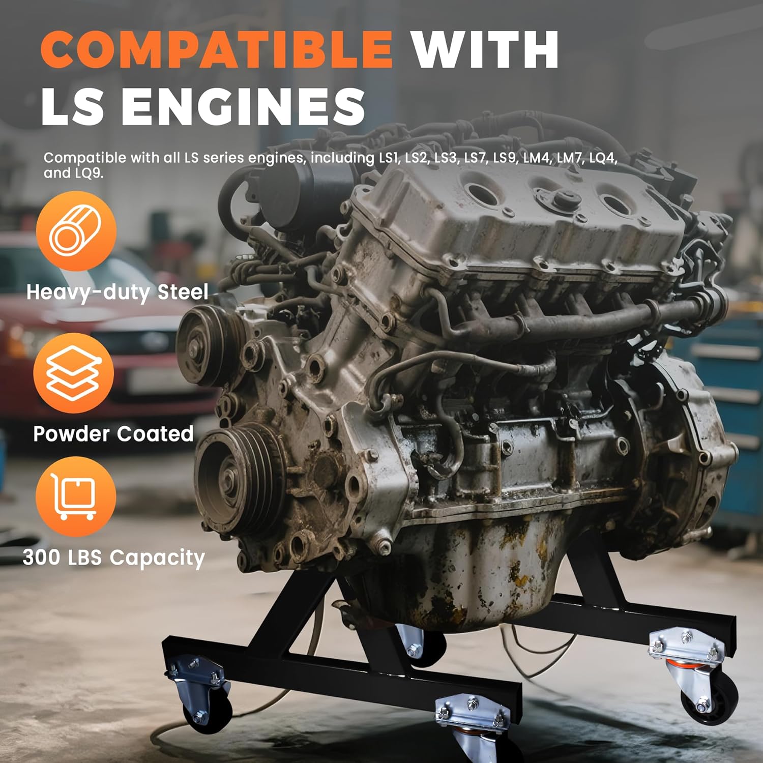 Rolling Engine Storage Stand, LS Compatible Engine Stand with Swivel Caster, Fits GM Chevy V8 LSx, Support for Engines and Transmissions, 2-Piece (Black)