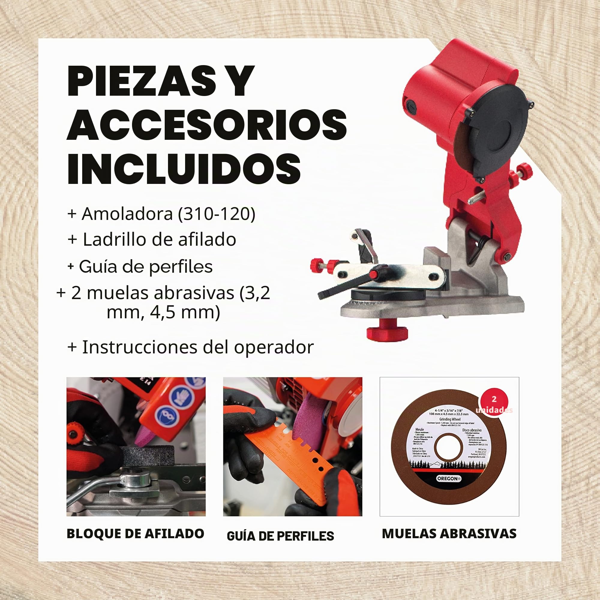 Oregon 310-230 Afilador de Cadena de Motosierras Compacto de 230 Voltios, Sistema Universal para Todo Tipo de Motosierras 310-230