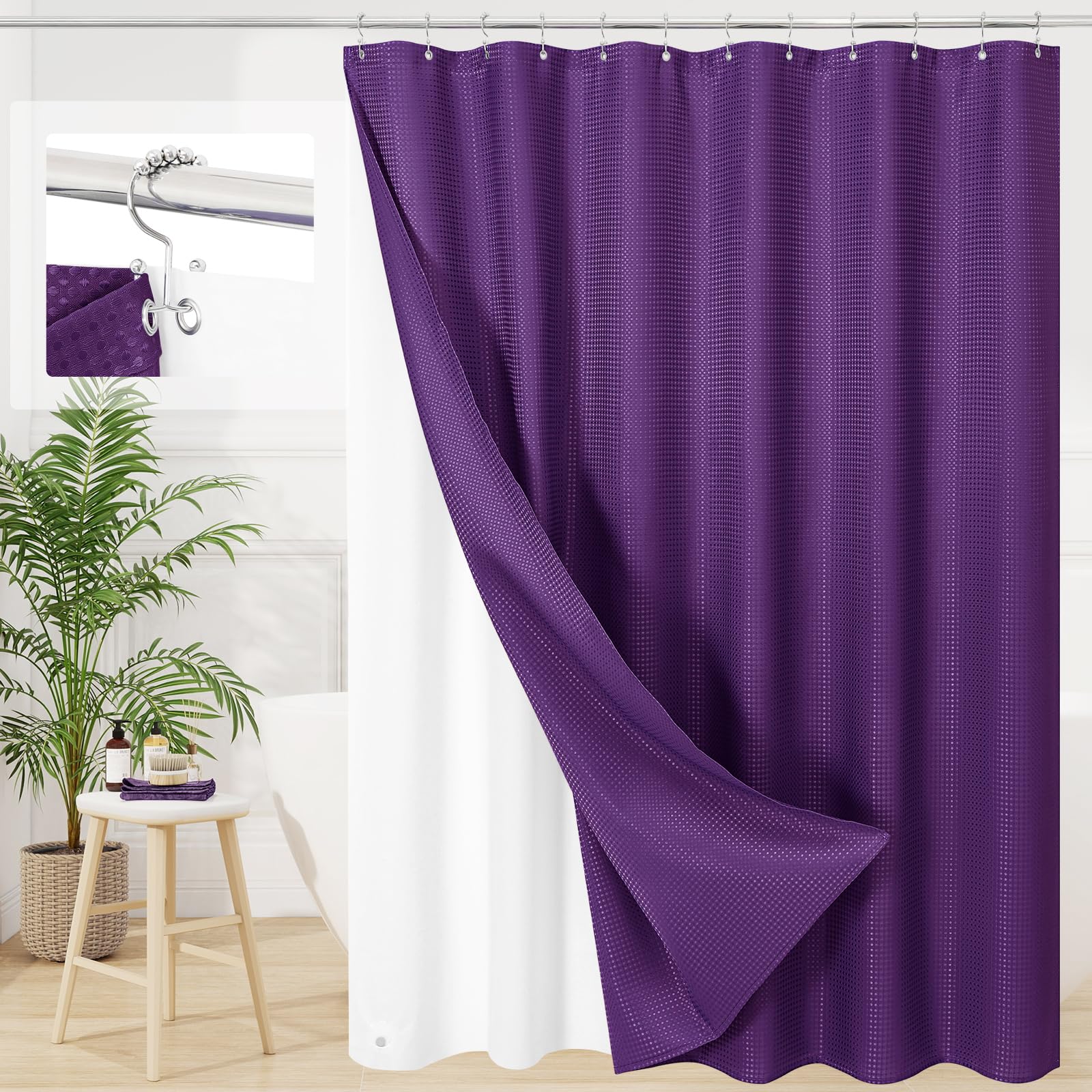 3 in 1 Purple Shower Curtain Set with PEVA Liner & 12 Hooks, 72 x 78