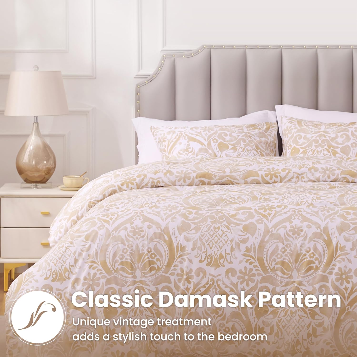 Sophia Willam Damask 3 Pieces Comforter Set King Size, Cotton Fabric with Microfiber Inner Fill, 1 Comforter (108x92) and 2 Pillowcases (36x20),Bronze Damask
