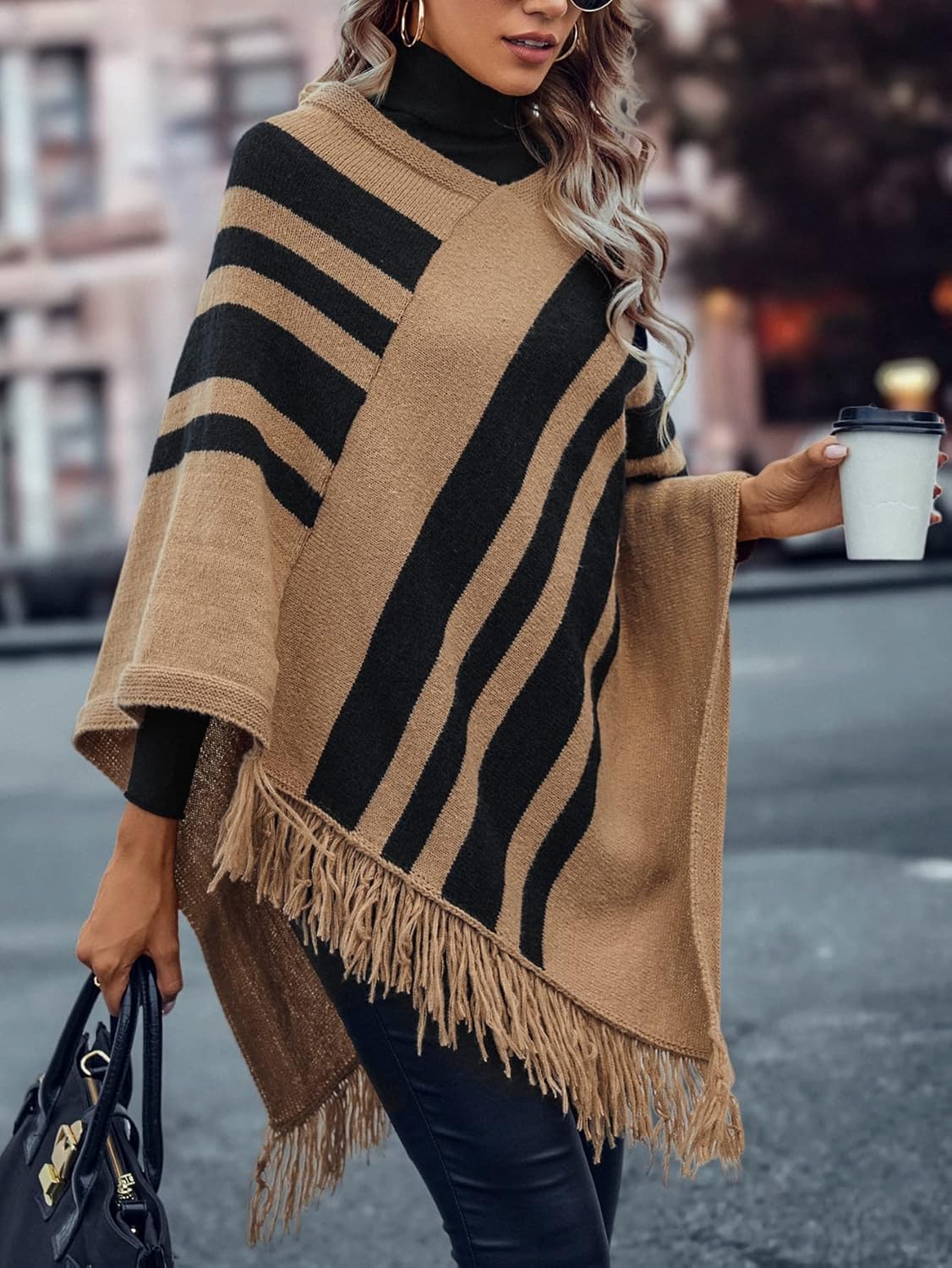 ESENTL Women's Sweater Striped Pattern Fringe Trim Knit Poncho Sweater Sweater for Women (Color : Multicolor, Size : Medium)