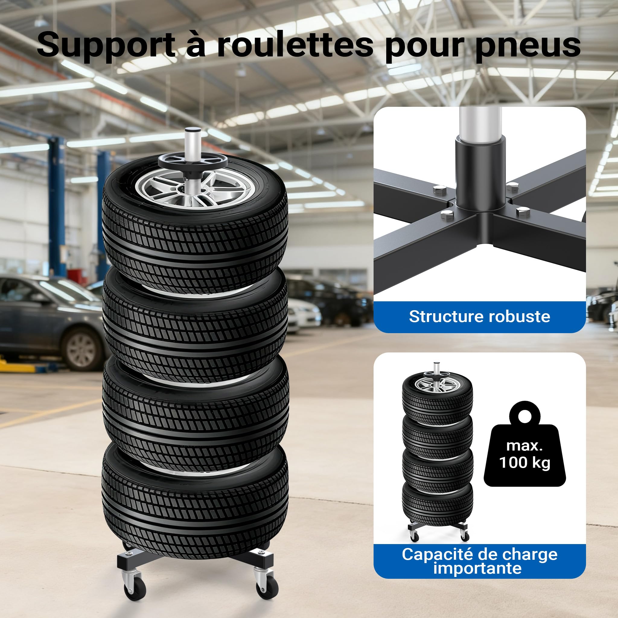 WilTec Support de Rangement Mobile pour pneus Range - Jantes Jusqu’à 225 mm Arbre à pneus Garage Cave