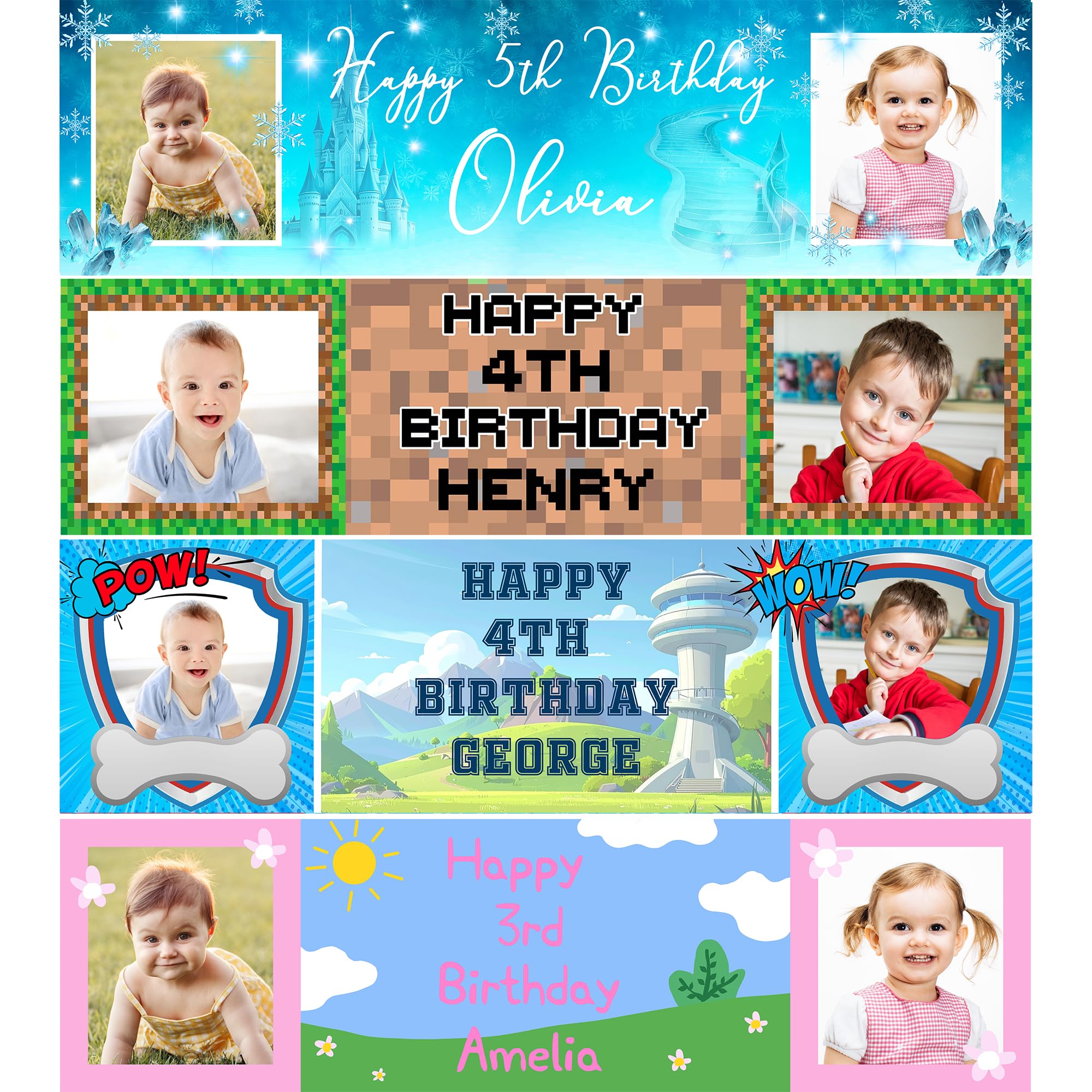 Personalised Party Banner with Photos – Custom Decoration for Kids – 140 x 35 cm Happy Birthday Sign for Girls and Boys - MNCT