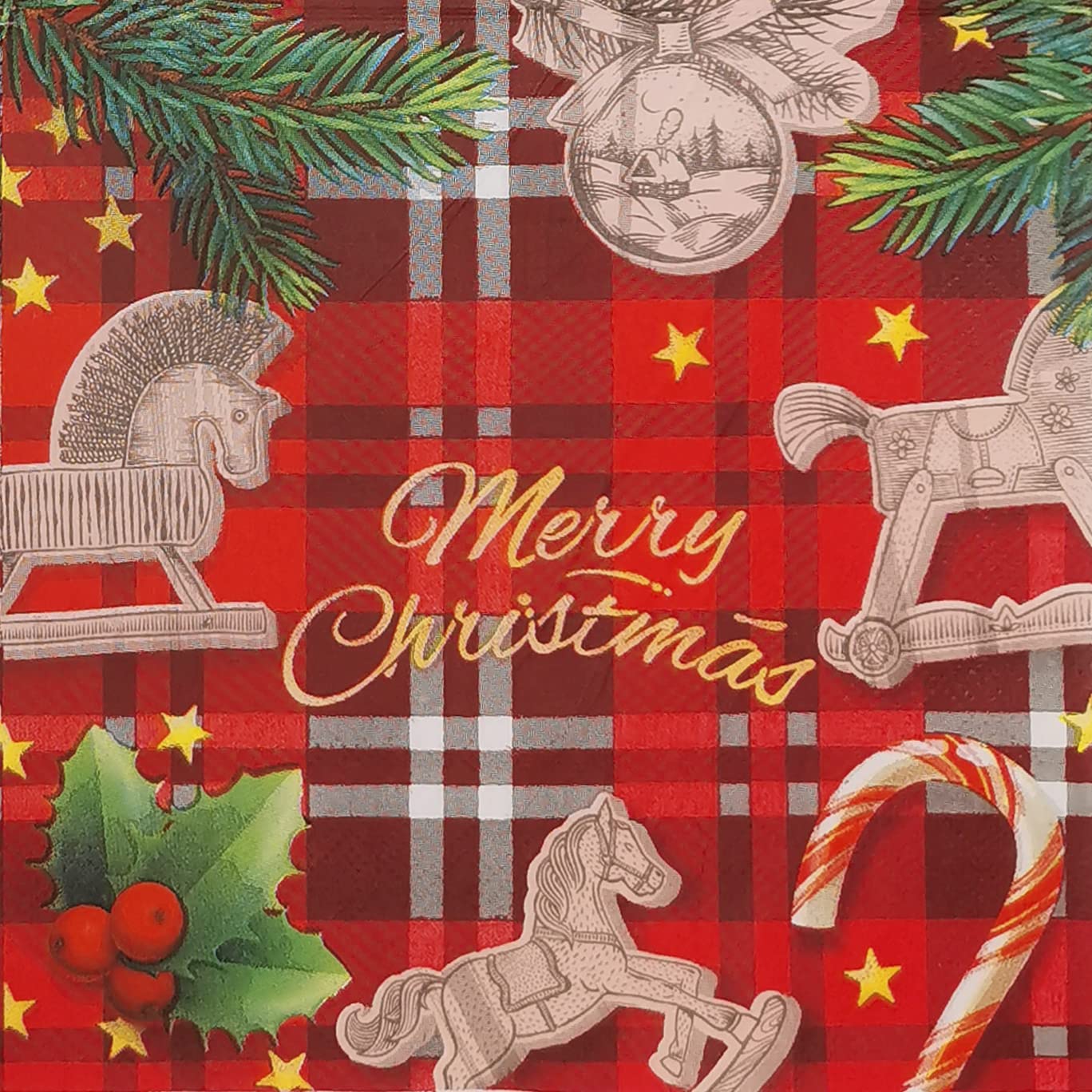 Zelten 2-Ply 20 Count Colored Paper Napkins Shabby Chic Napkins for Christmas Dinner Tea Party Decoration D, Hobbyhorse & Plaid