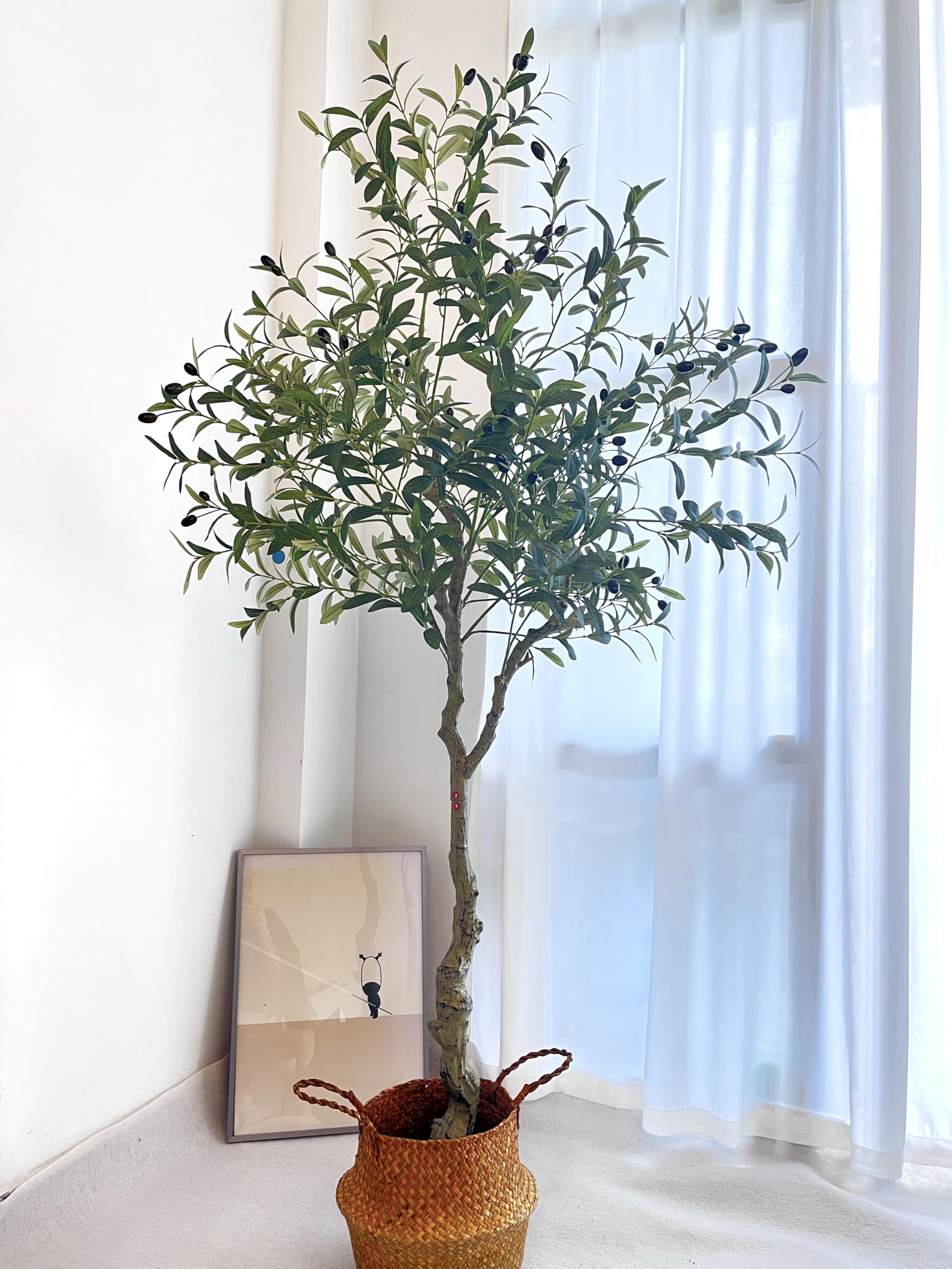 Artificial Olive Tree, 6ft Indoor Large FakeTree with Handmade Woven Basket Faux Tree, Potted Olive Silk Tree for Modern Home Decoration and Housewarming Gifts