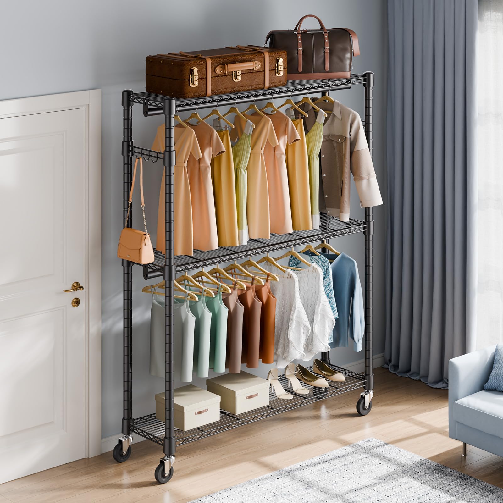 VEVOR Perchero Burro para Ropa con 4 Ruedas de 2 Barras 3 Estantes 2 Soportes Laterales Perchero de Acero Carga de 182 kg Perchero de Pie 1162 x 450 x 2040 mm para Almacenaje de Ropas en Dormitorios