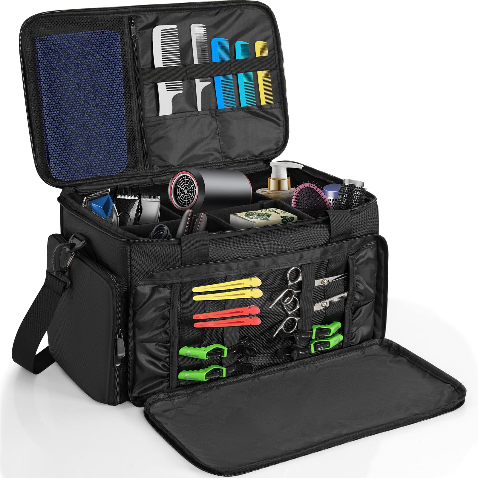 Bolsa de peluquería profesional, bolsa de almacenamiento portátil con múltiples bolsillos y compartimentos ajustables para accesorios de peluquería, adecuado para (BK)