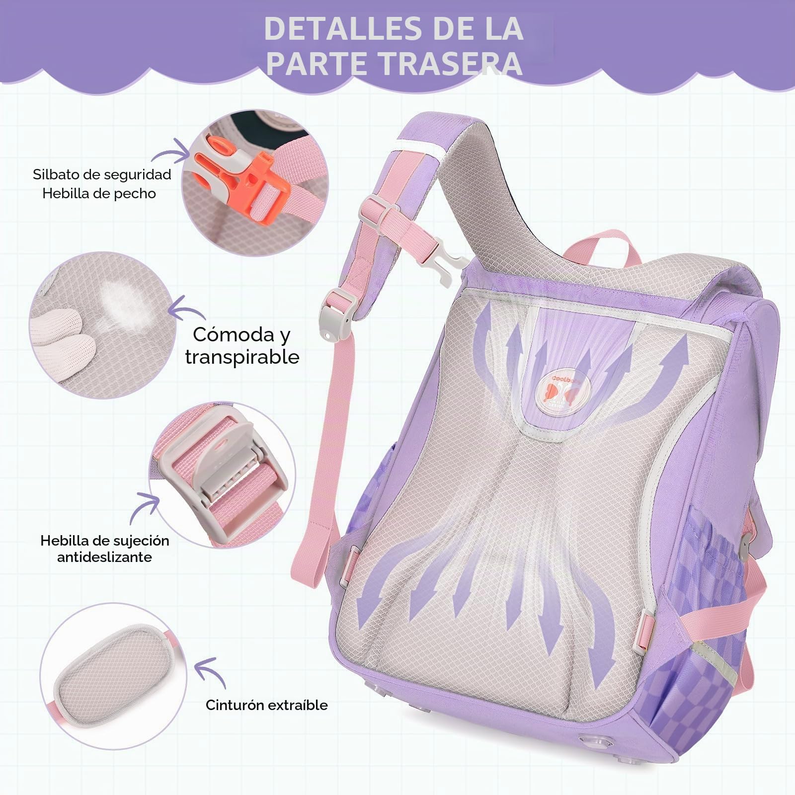 Amythe Mochila Ergonómica Niña 1°-5° Primaria Correa Pecho | Mochila Escolar Niños 6-10 Años Cinturón Desmontable Reflectante 24L Morado