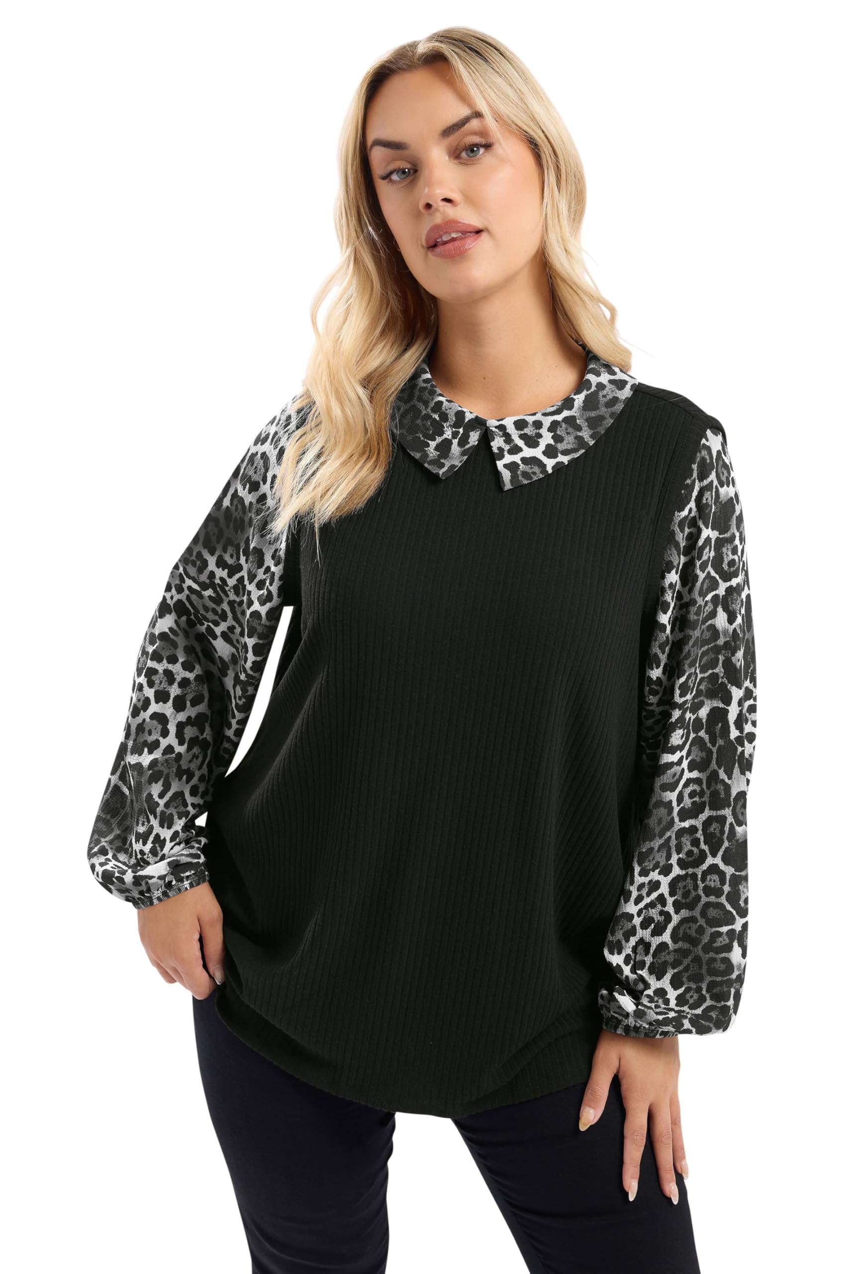 Yours Women's Black Curve Leopard Print 2-In-1 Top - Plus Size Curve