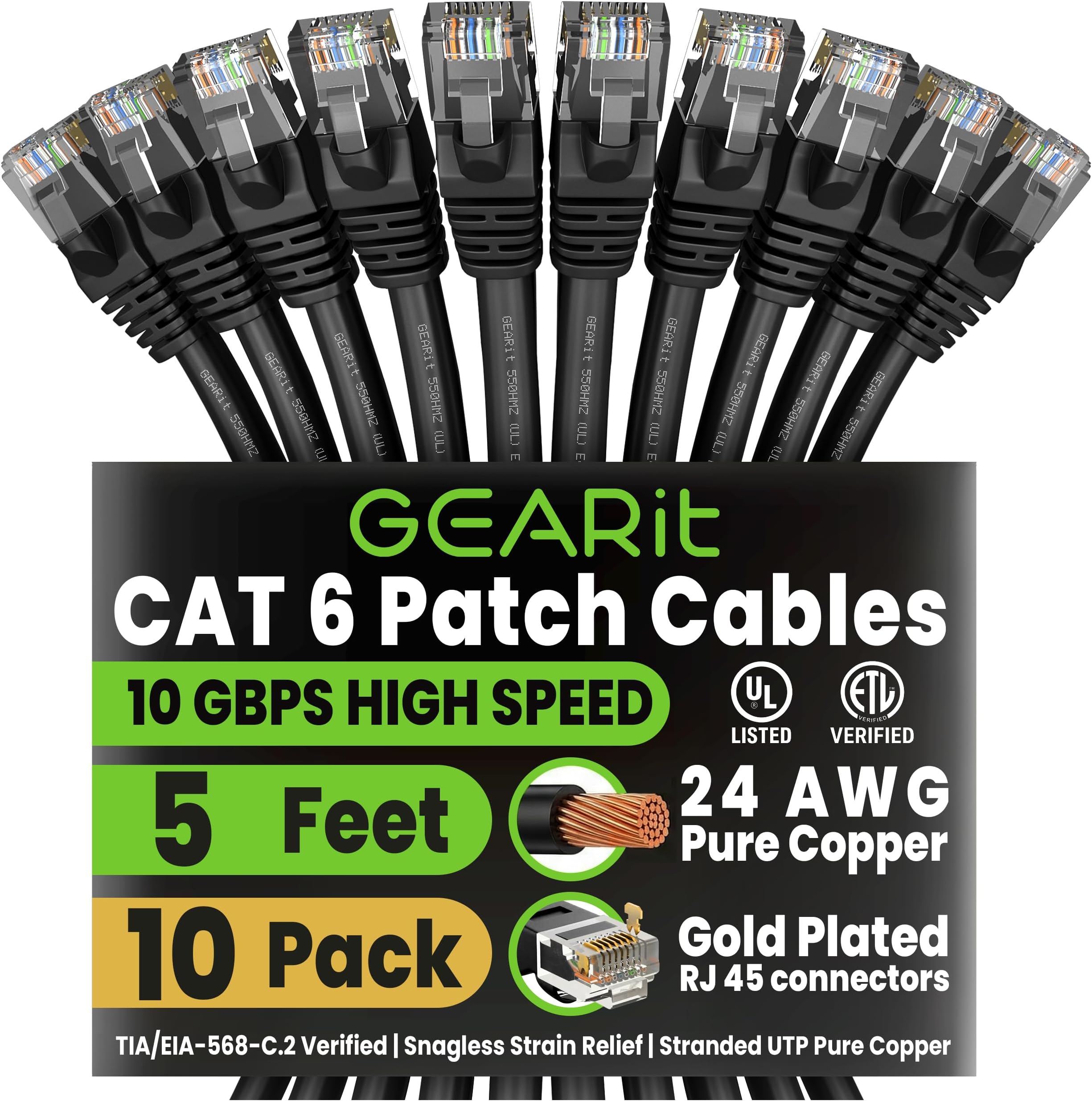 GEARit Cat 6 Ethernet Patch Cable 5 ft Black (10 Pack) Cat6 Patch Cables 5ft Black/Ethernet Patch Cable, 10Gbps 550MHz 24AWG Pure Copper, Snagless, Gold Plated RJ45 for Router, Server, Router, PC