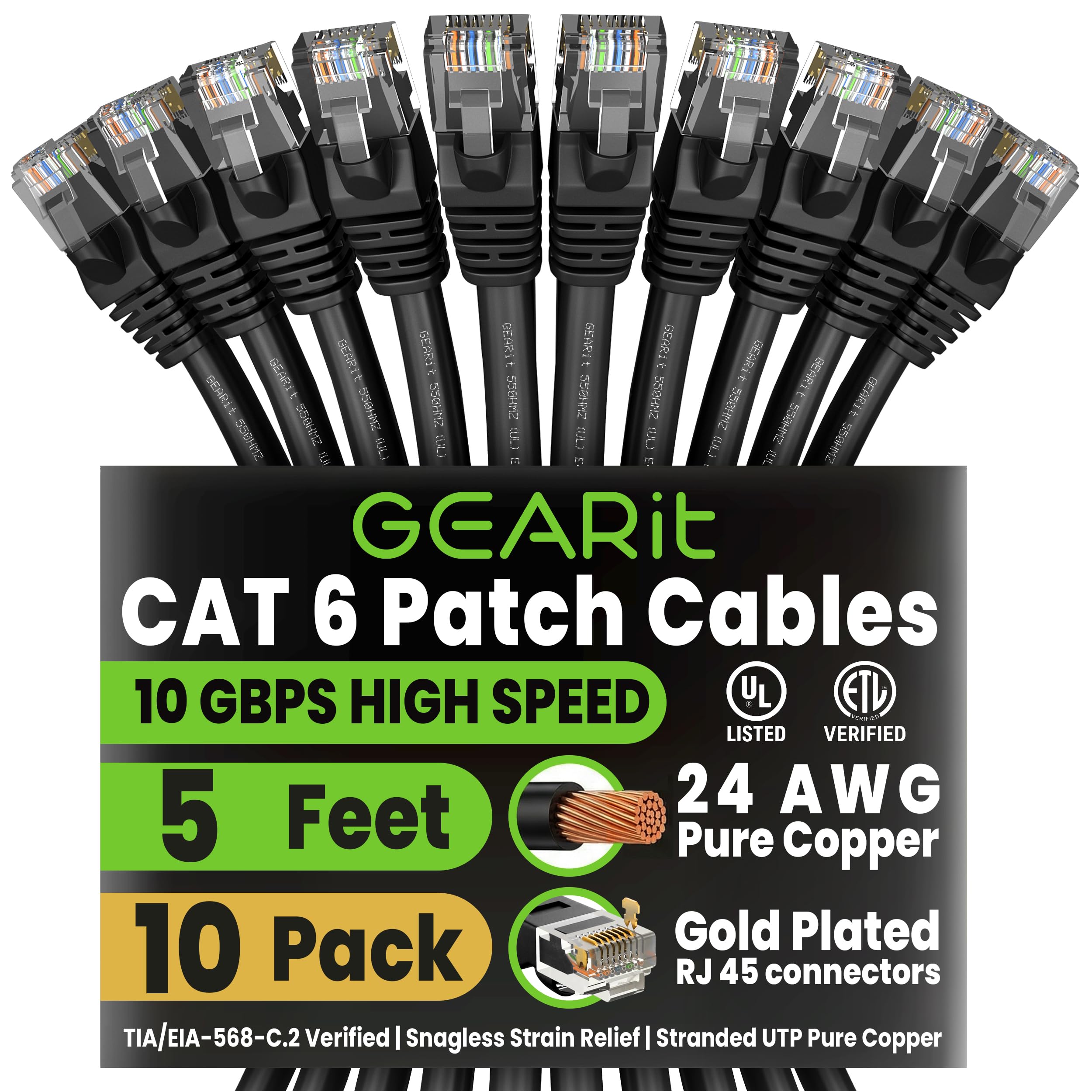 GEARit Cat6 Patch Cables Cat 6 Ethernet Cable 5 ft 10-Pack Black | Ethernet Patch Cable, 10Gbps 550MHz 24AWG Pure Copper, Snagless, Gold Plated RJ45 for Router, Server, Router, PC Black 5 Feet
