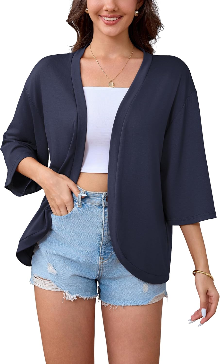 Women's Casual Lightweight Open Front Cardigans Soft 3/4 Bell Sleeve Cardigan Summer Cover Ups